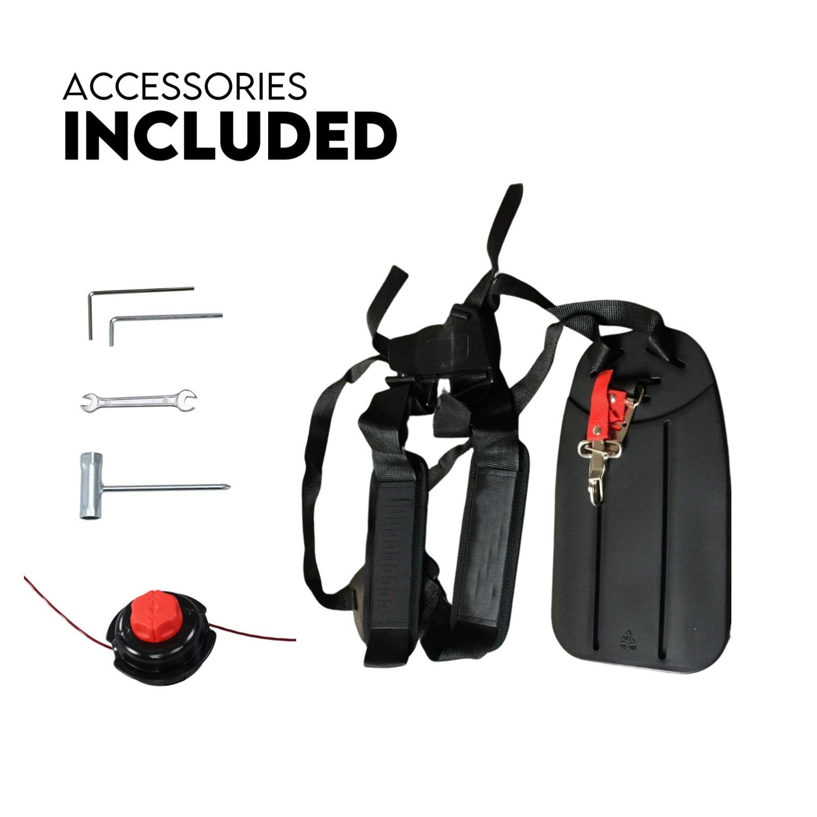 Included accessories for line trimmer: shoulder straps, tools, and storage bag