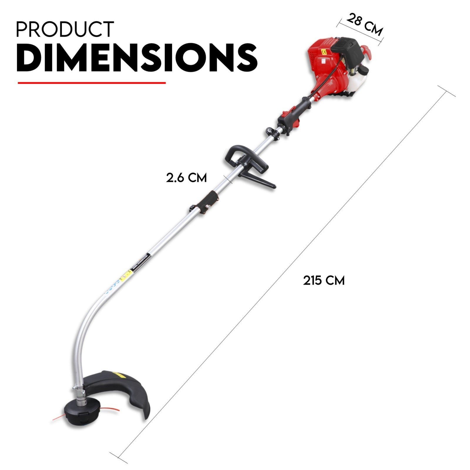 Curved shaft line trimmer shown with overall length and cutting width measurements