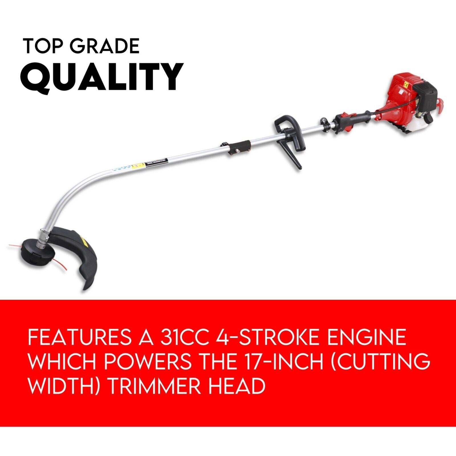 Curved shaft line trimmer with cutting head and handle, red engine housing