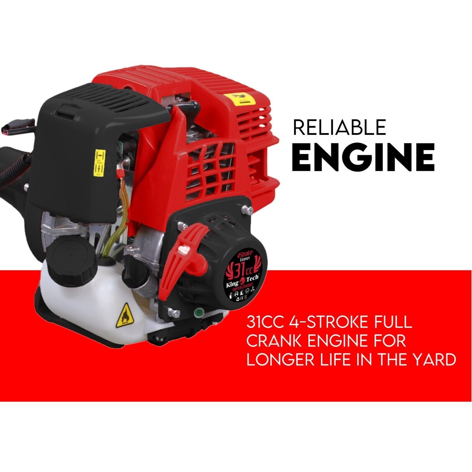 4-stroke gas line trimmer engine with red motor housing and black air filter