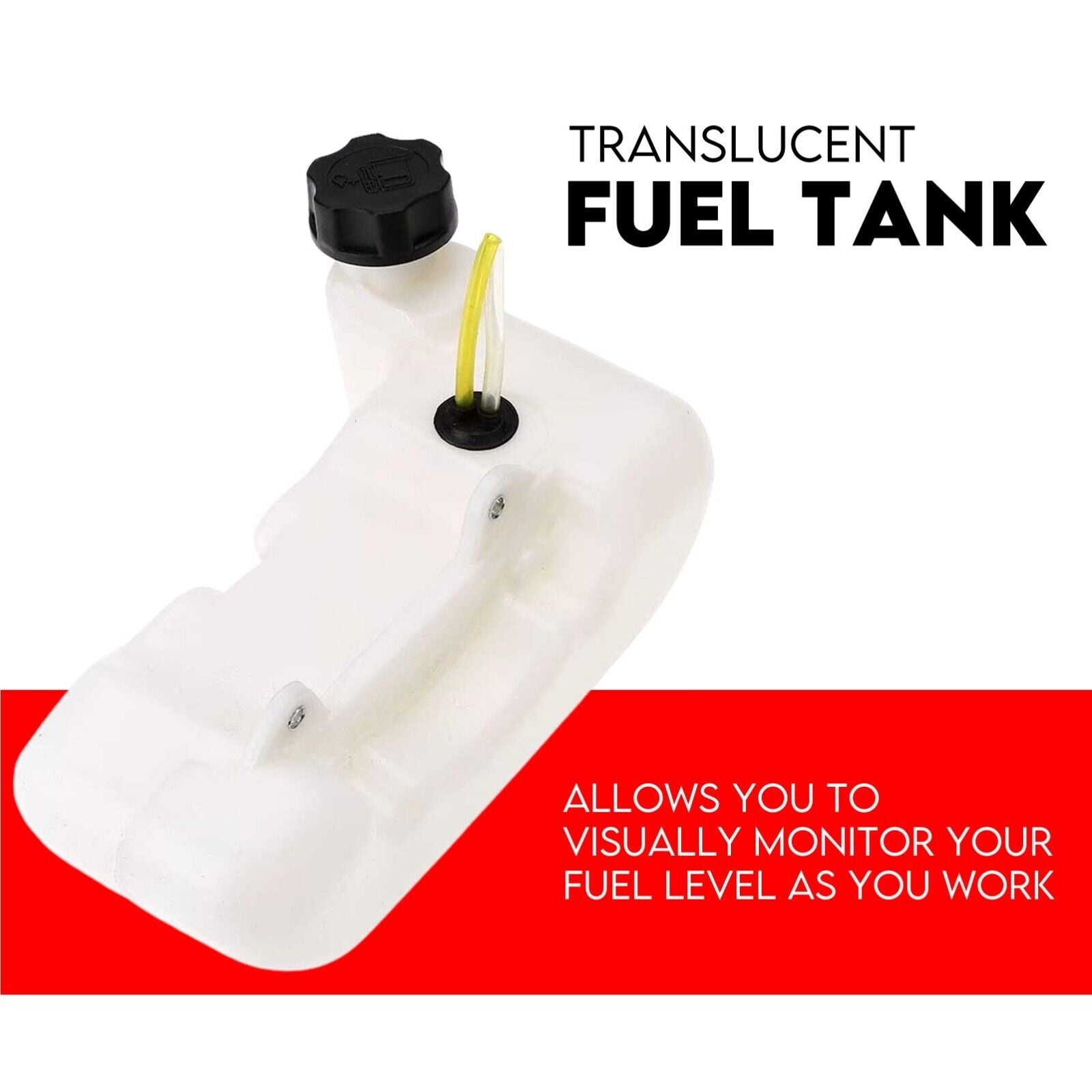 Translucent fuel tank with black cap and yellow dipstick for gas line trimmer