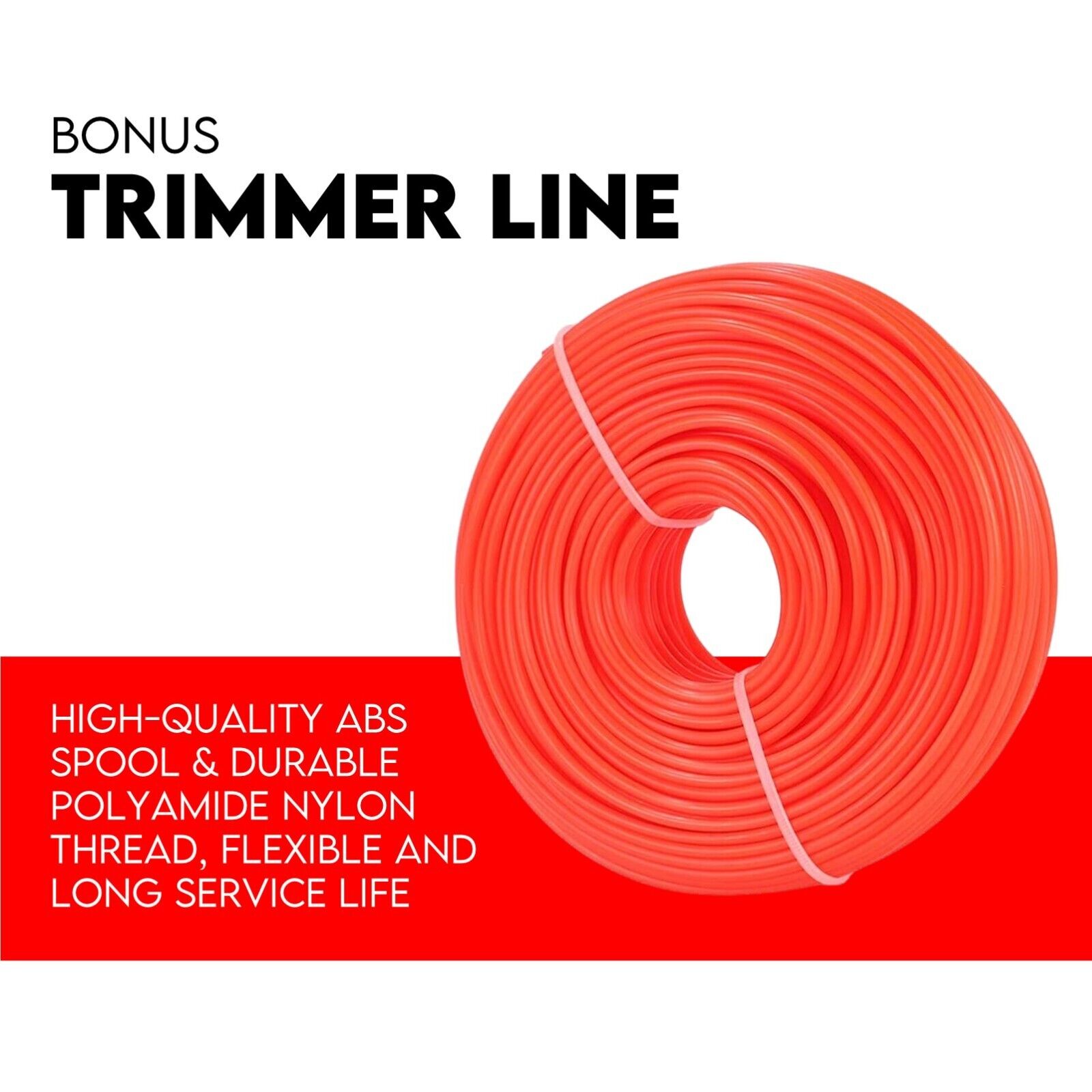 Orange trimmer line spool with coiled nylon thread for curved shaft trimmer