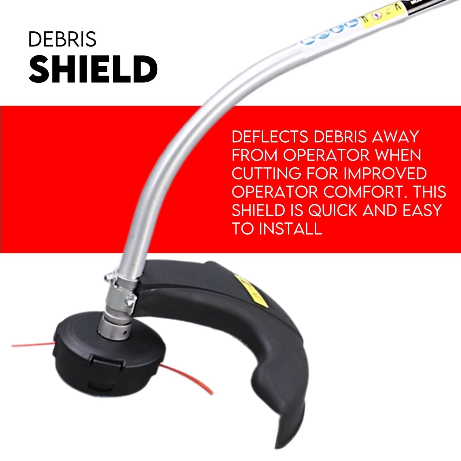 Debris shield and cutting guard on curved shaft line trimmer with trimmer head