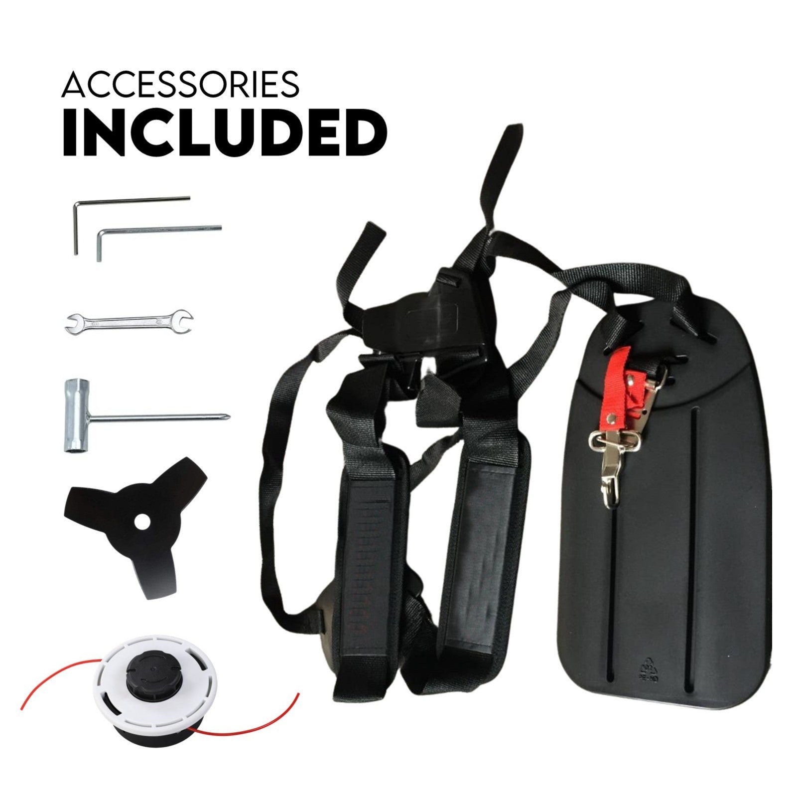 Brush cutter accessories kit with harness straps, wrenches, and cutting heads