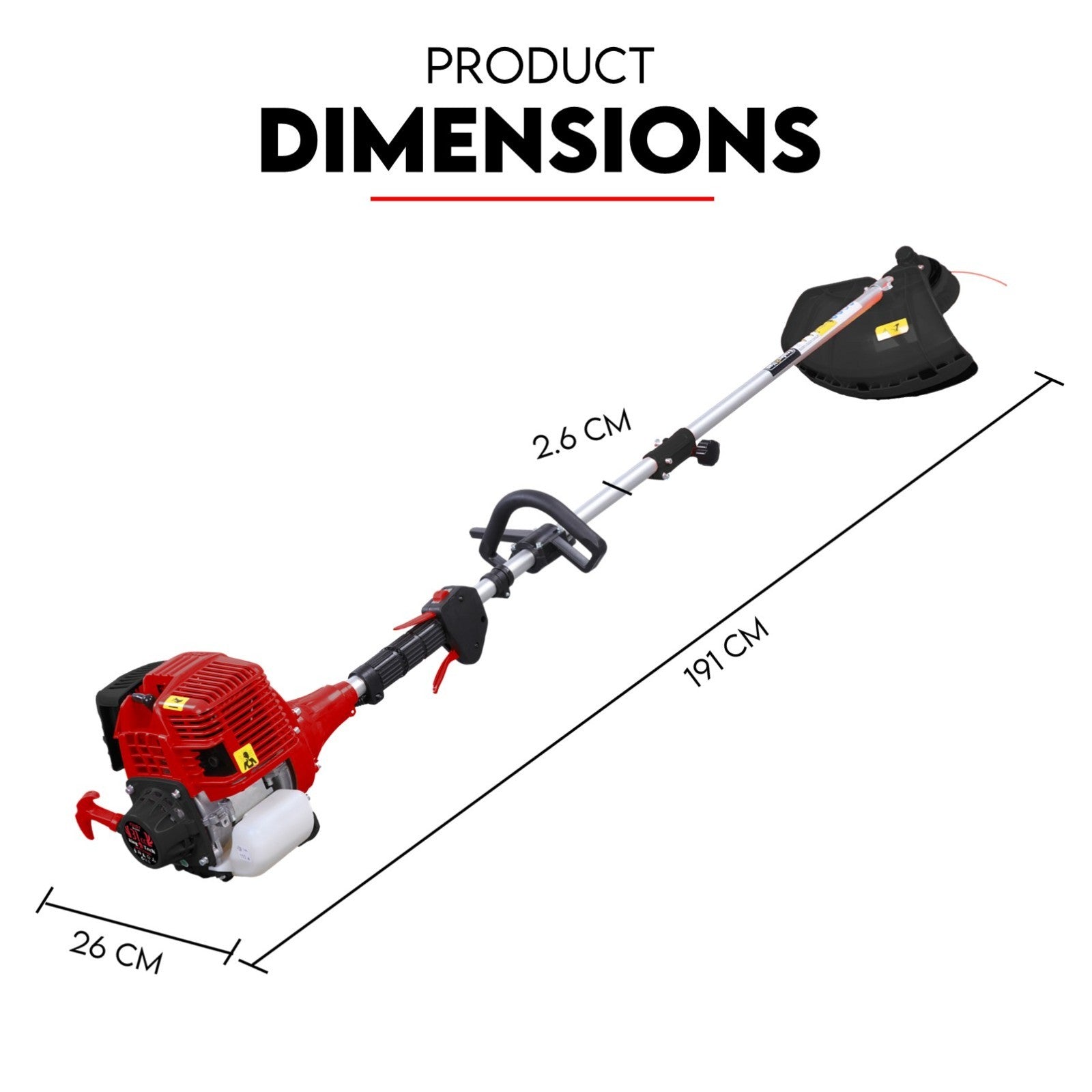 Brush cutter trimmer with straight shaft shown with product dimension arrows