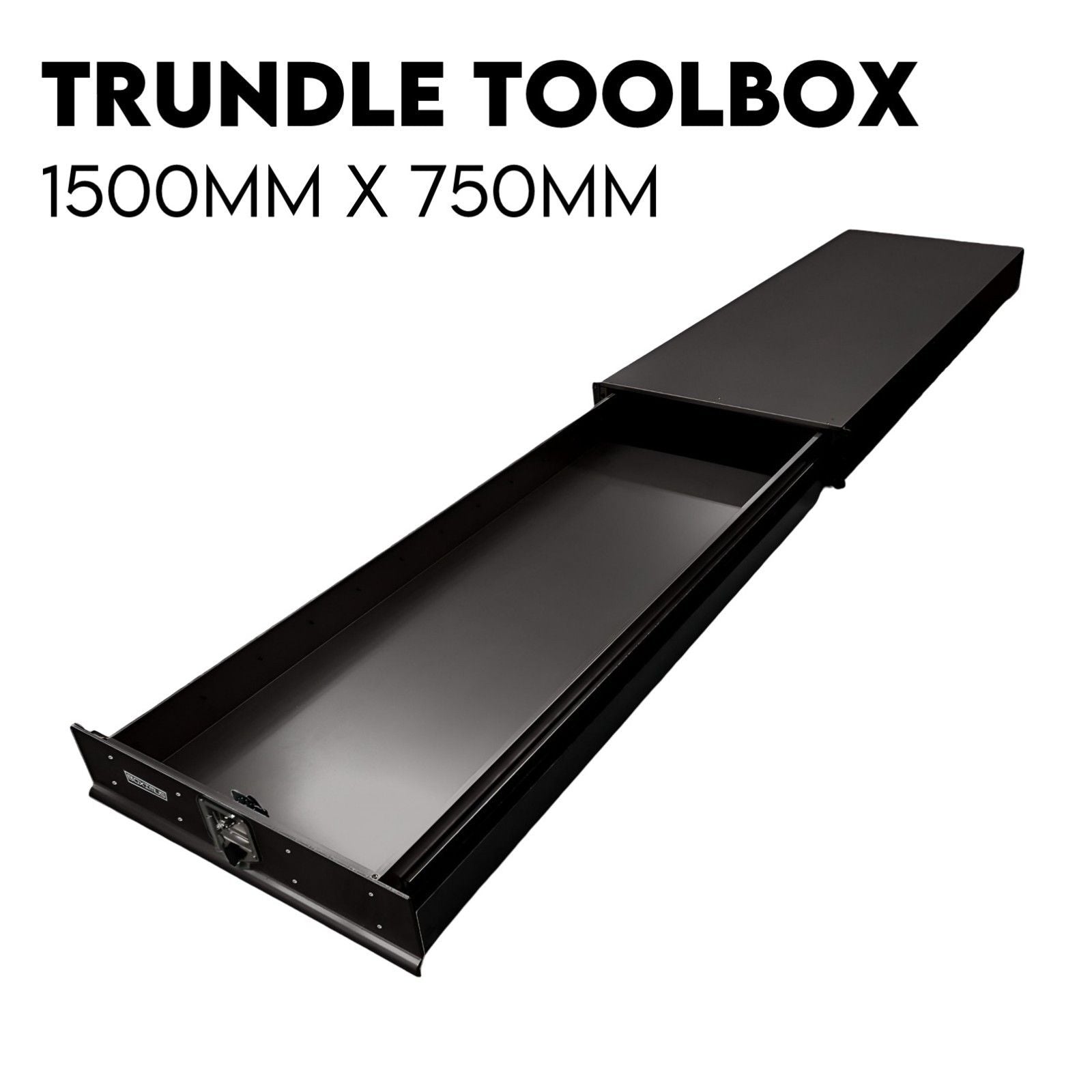 Black under-tray trundle tool box drawer with open interior, side view