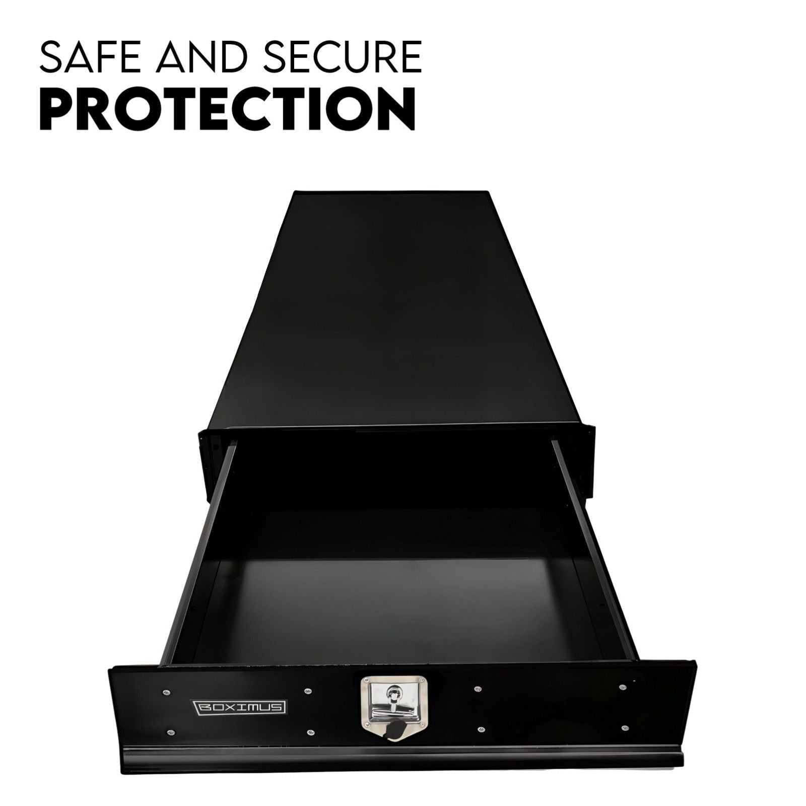 Black under-tray tool box drawer with open front and central latch, front view