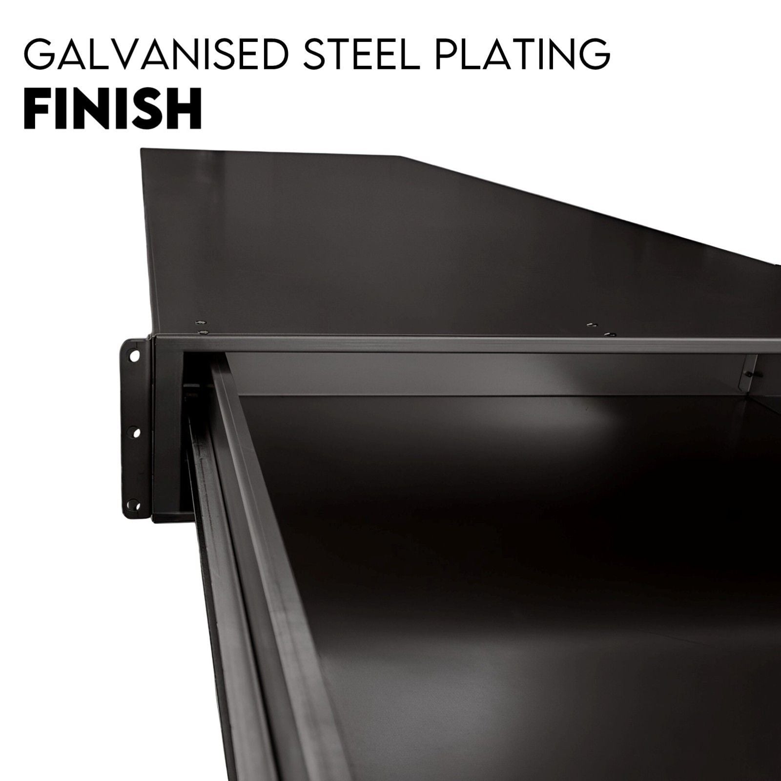 Black under-tray tool box drawer, side wall and mounting bracket close-up