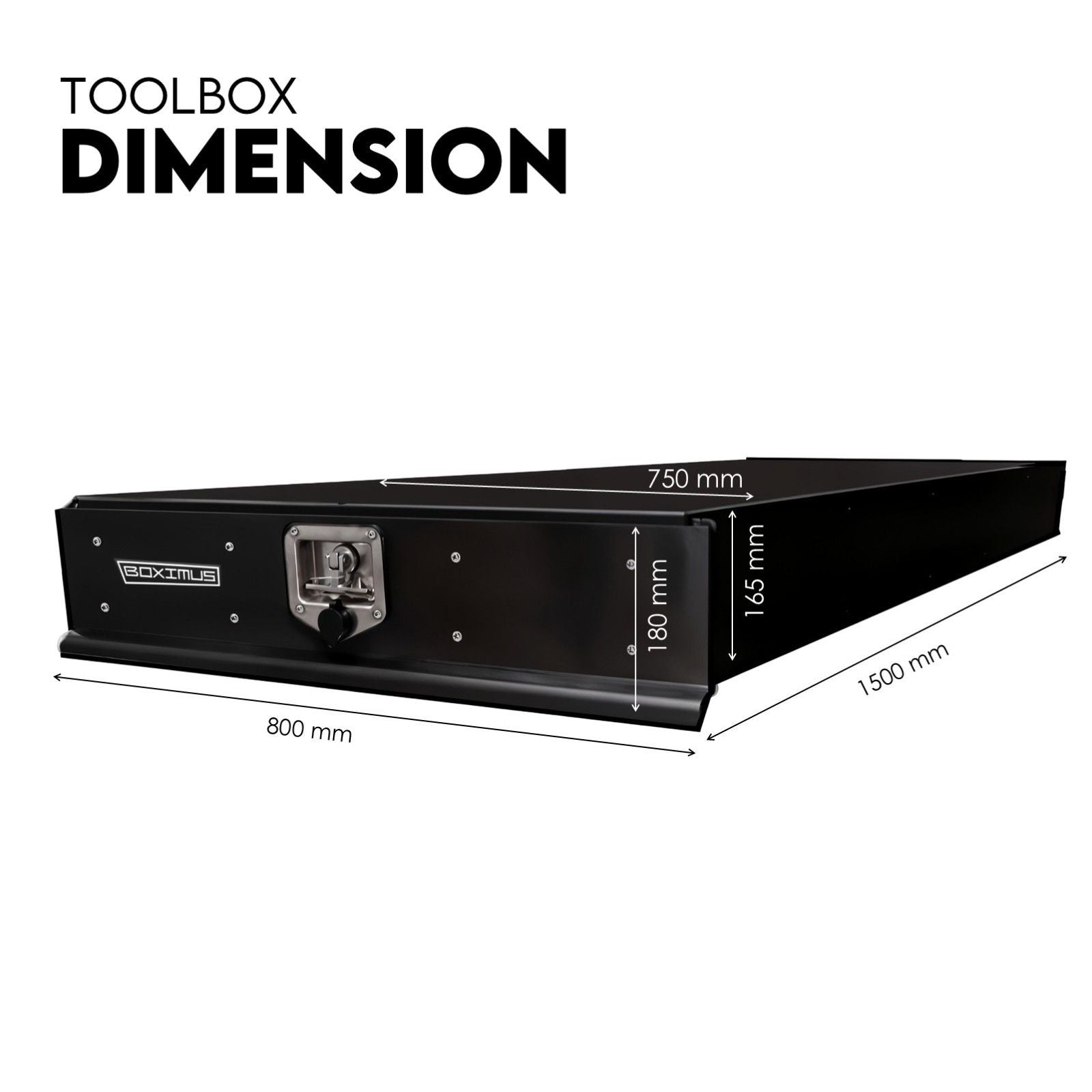 Black under-tray tool box drawer with front latch, labeled dimensions view