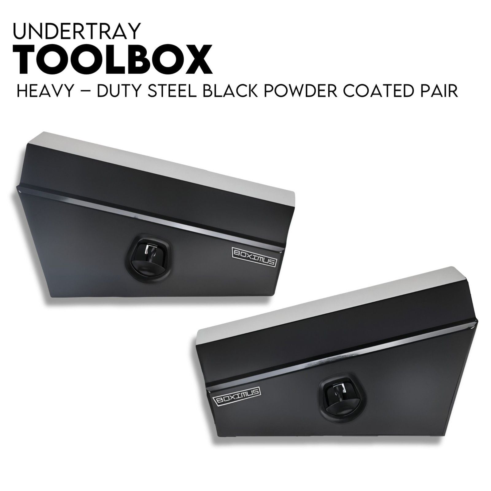 Black steel under-tray tool box pair with front latch and recessed handle