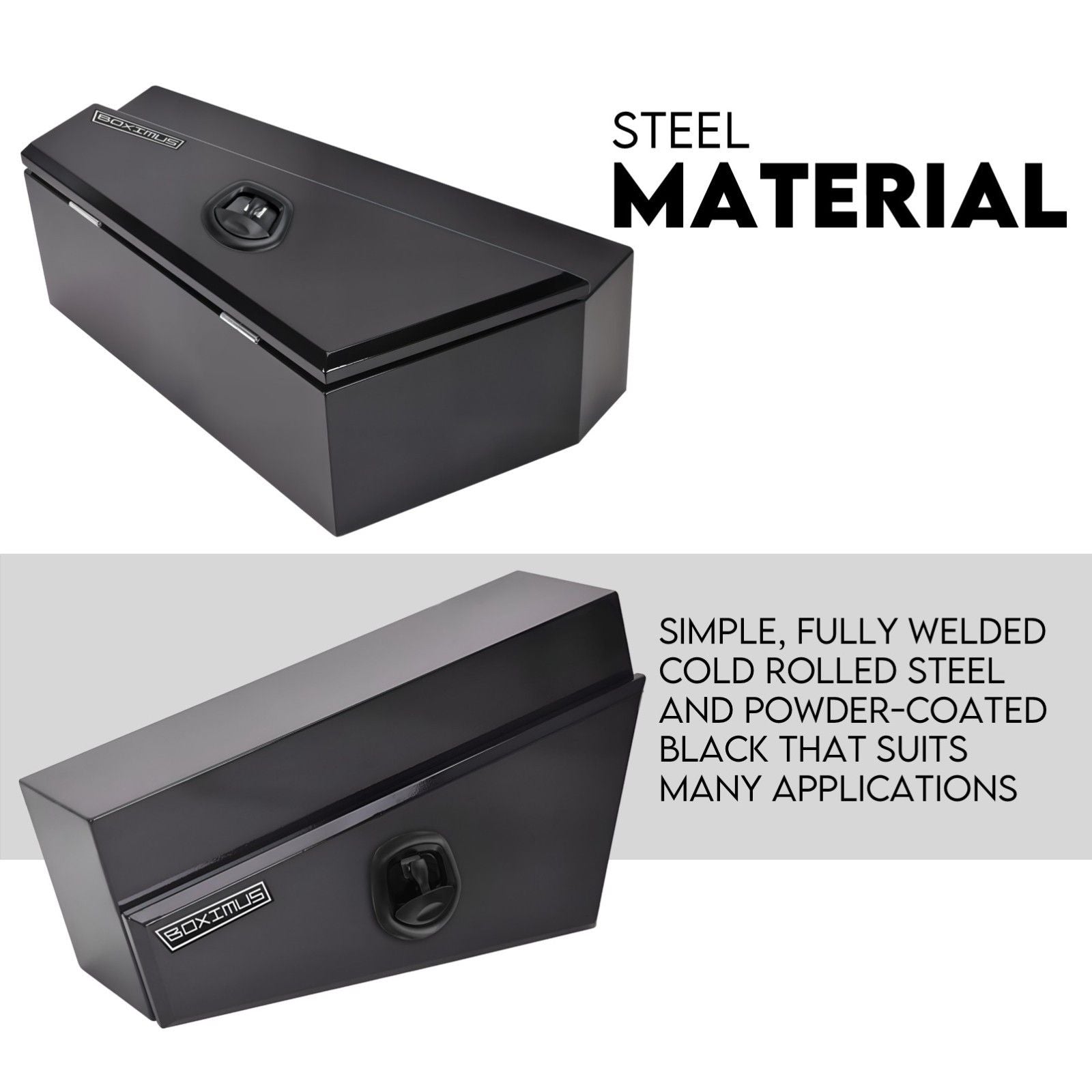 Black steel under-tray tool box with rounded handle and hinge-mounted lid