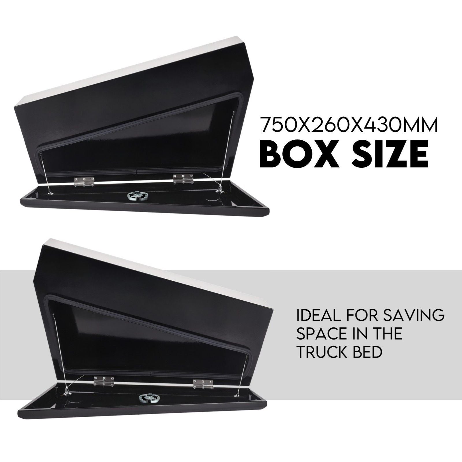 Black under-tray tool box open lid showing interior and two latch clasps