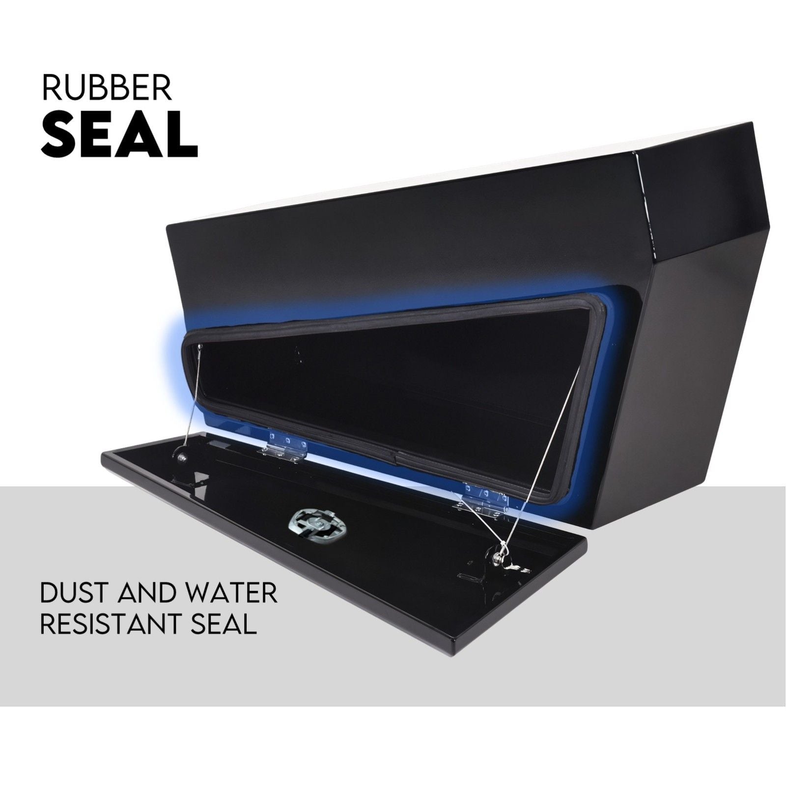 Black under-tray tool box with rubber seal around lid opening