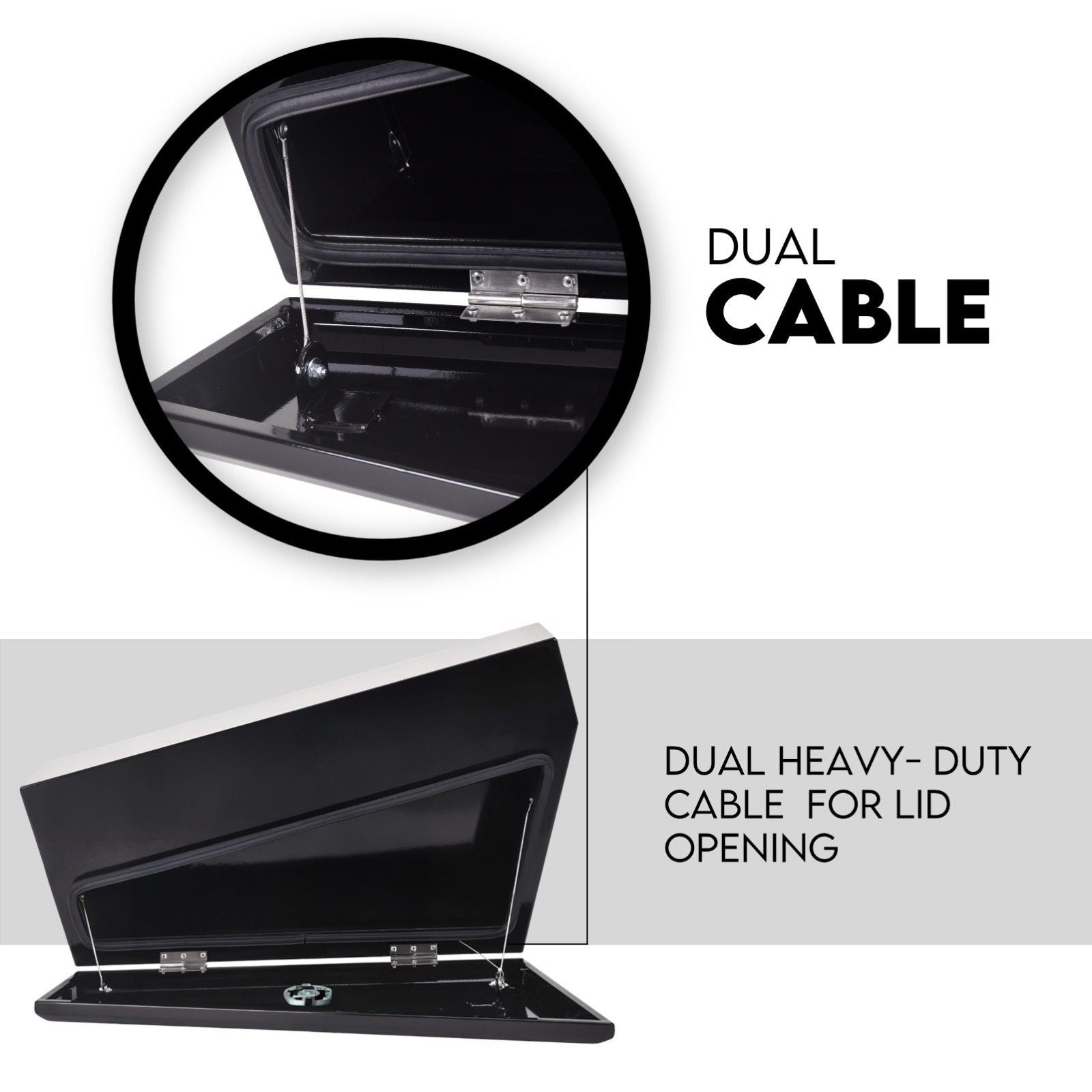 Black under-tray tool box with dual heavy-duty cable for lid opening