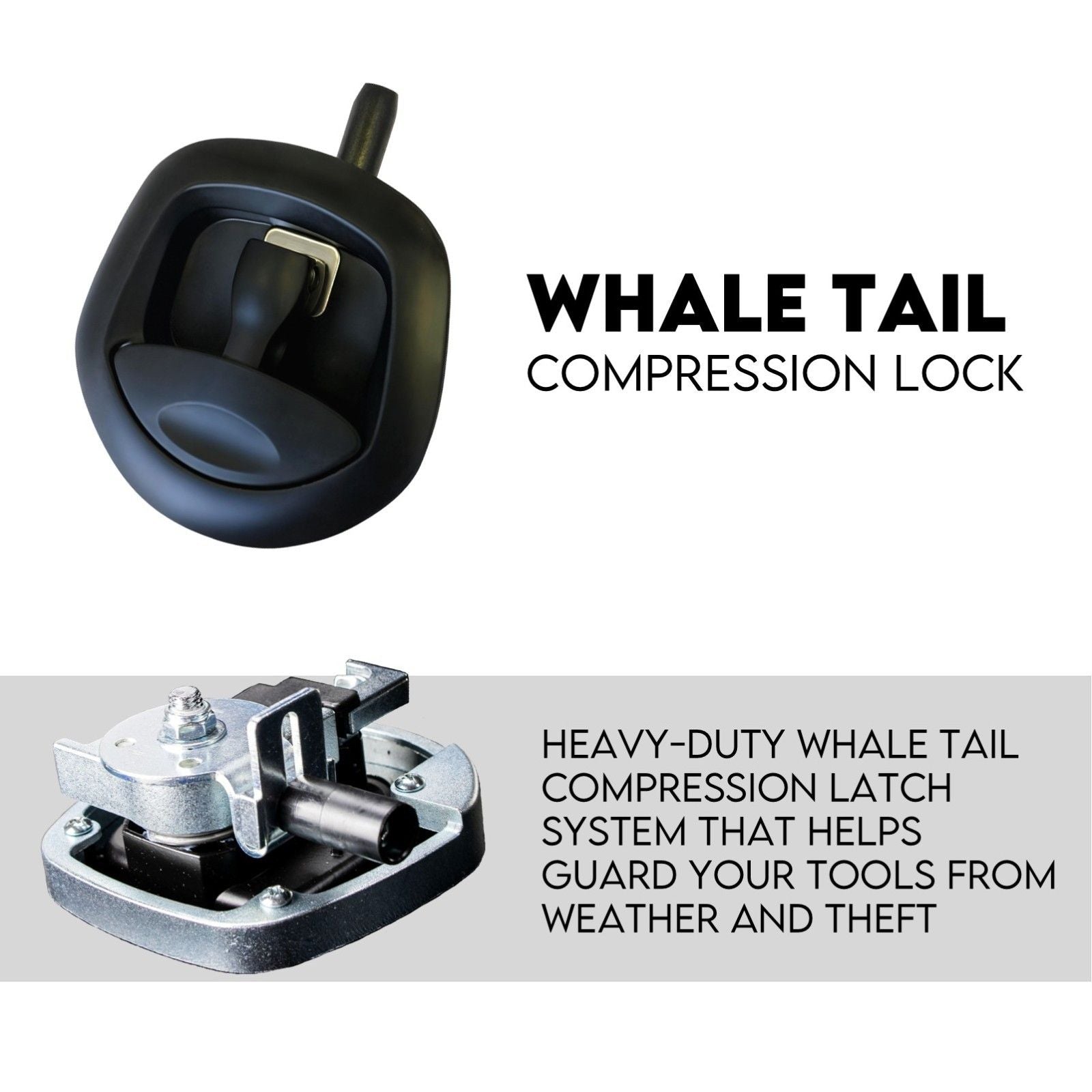 Black under-tray tool box with whale tail compression lock