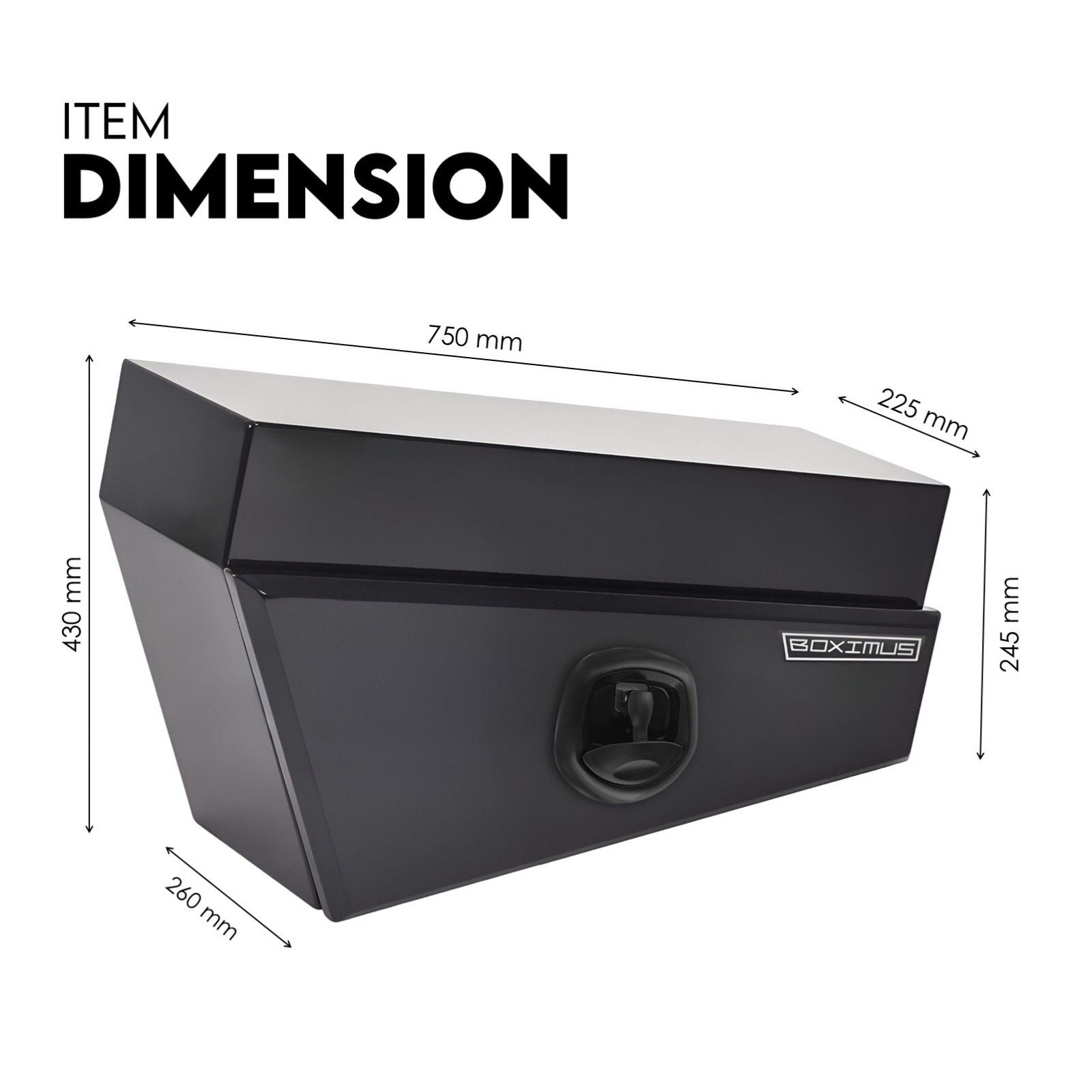 Black under-tray tool box with item dimensions labeled 750mm length and depth
