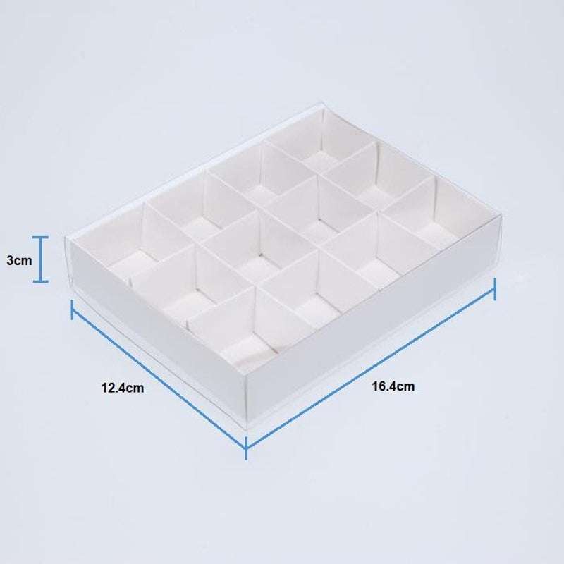 50 Pack of White Card Chocolate Sweet Soap Product Reatail Gift Box - 12 bay 4x4x3cm Compartments  - Clear Slide On Lid - 16x12x3cm