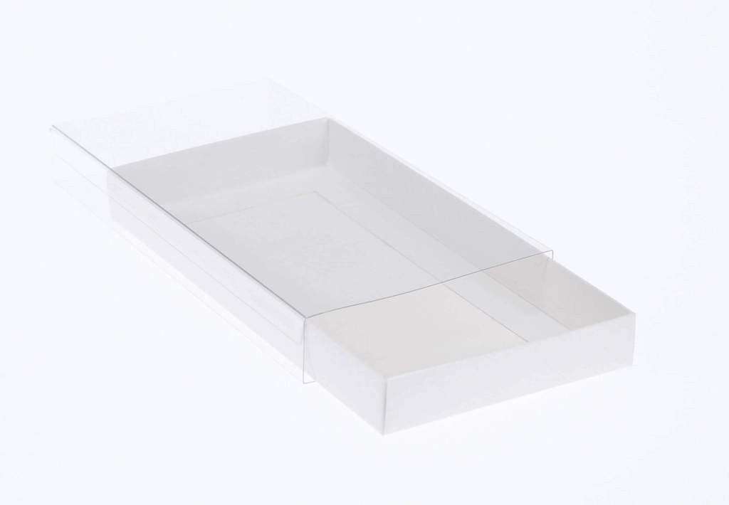 50 Pack of White Card Box - Clear Slide On Lid - 17 x 25 x 5cm -  Large Beauty Product Gift Giving Hamper Tray Merch Fashion Cake Sweets Xmas