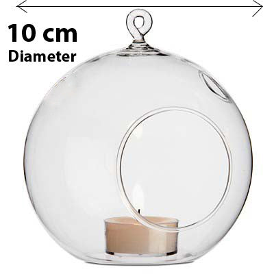 Clear glass hanging ball tealight candle holder with circular front frame