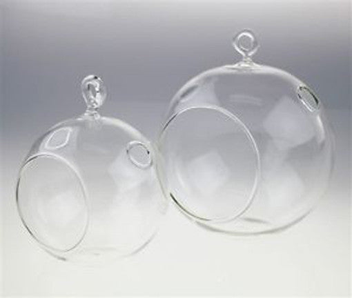 Pair of clear glass hanging ball tealight candle holders with circular fronts