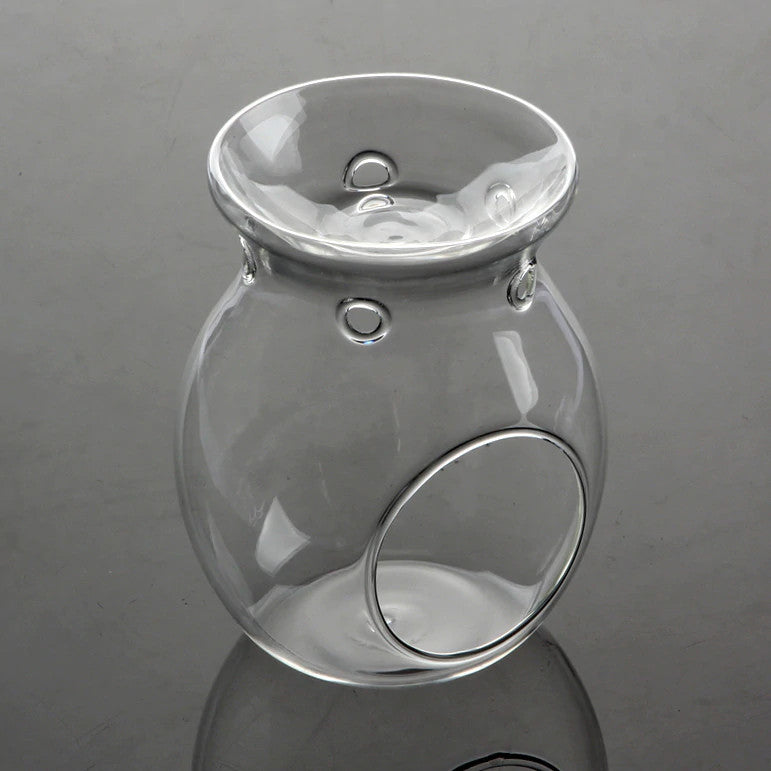Clear glass tealight candle warmer with oval side window and open top, oil burner lamp