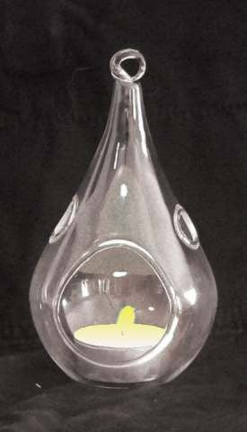 Clear glass tear-drop candle holder with circular center opening and hanging loop top