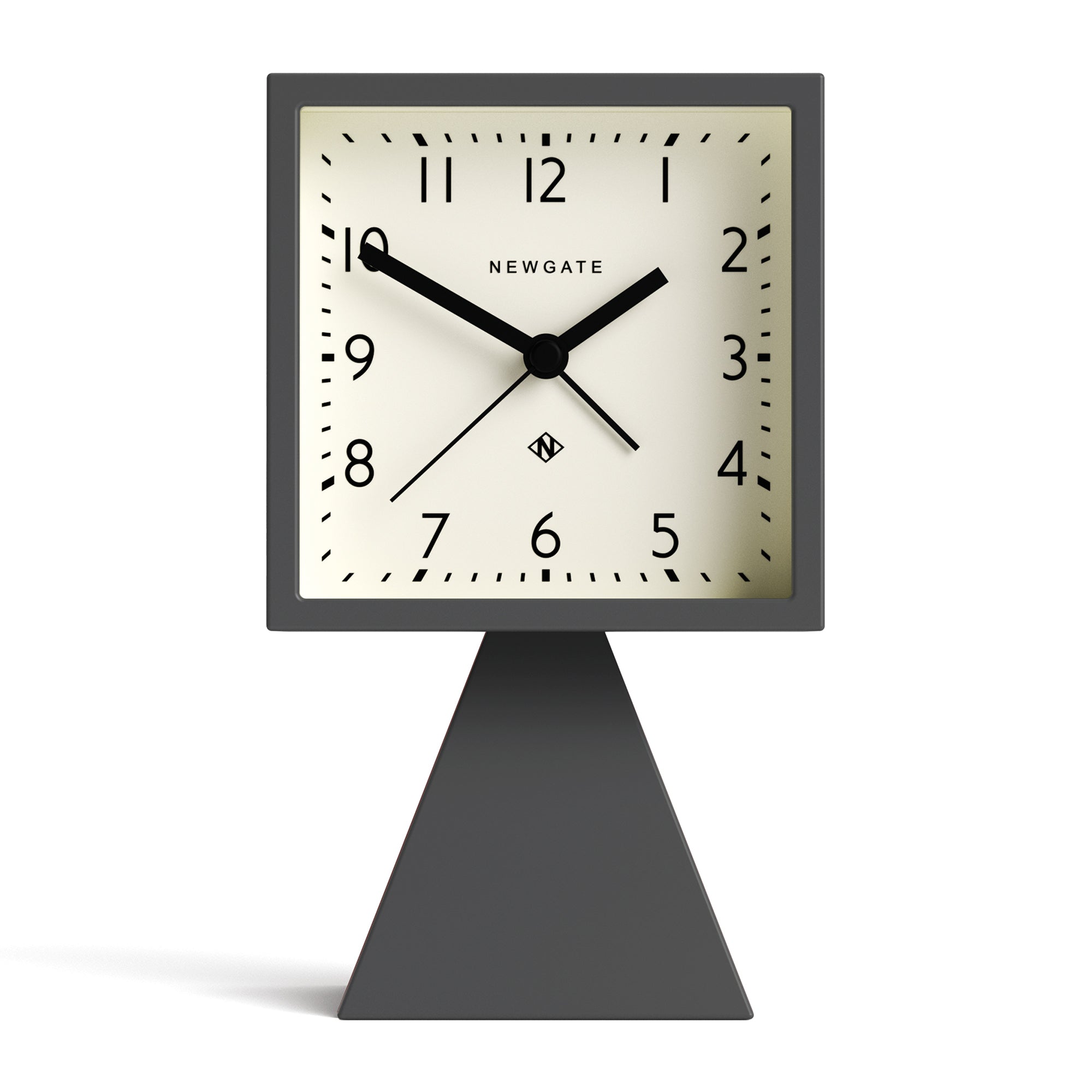 Square alarm clock with cream dial, black hands and Newgate logo, dark grey base