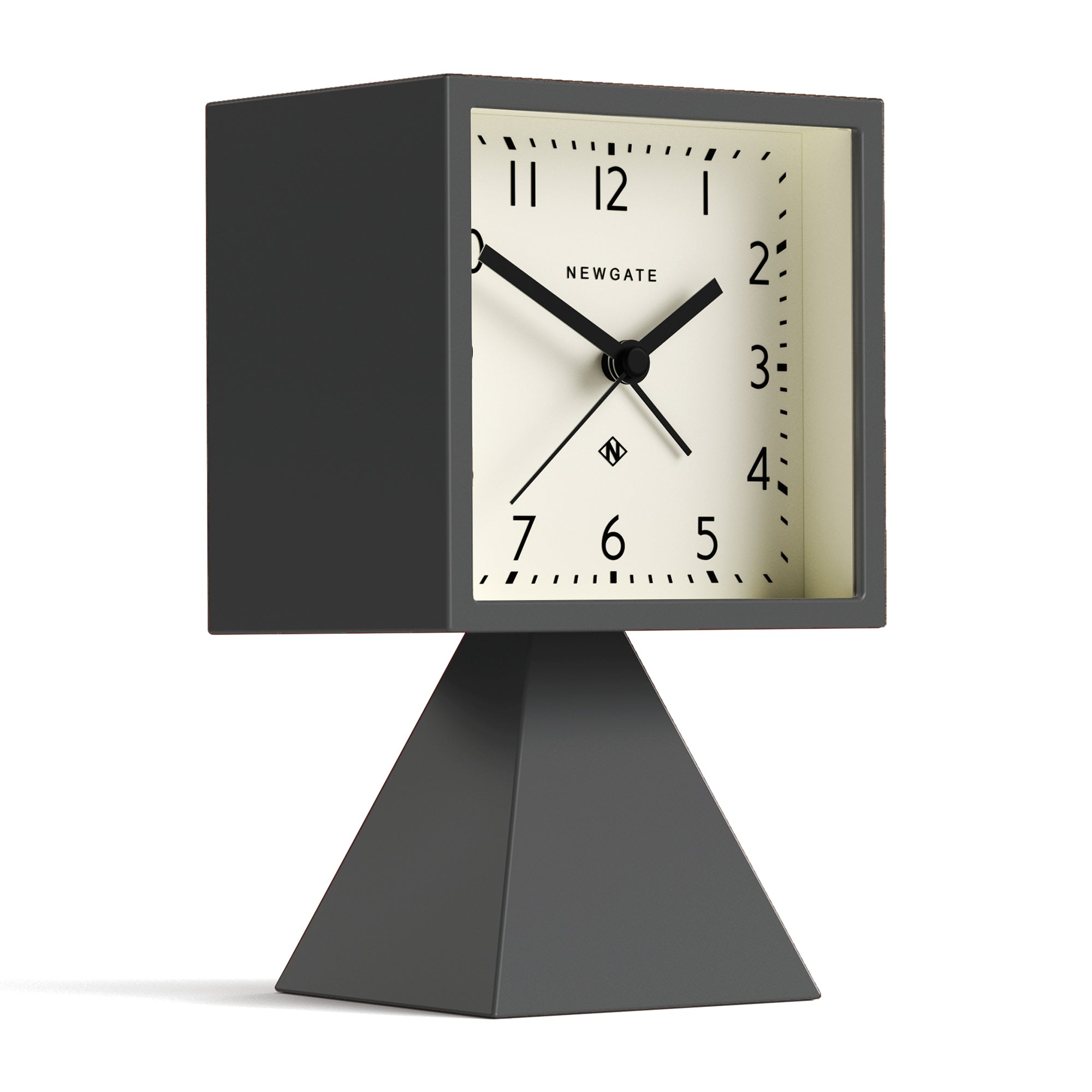 Alarm clock with cream face and black hands, dark grey case and standing base