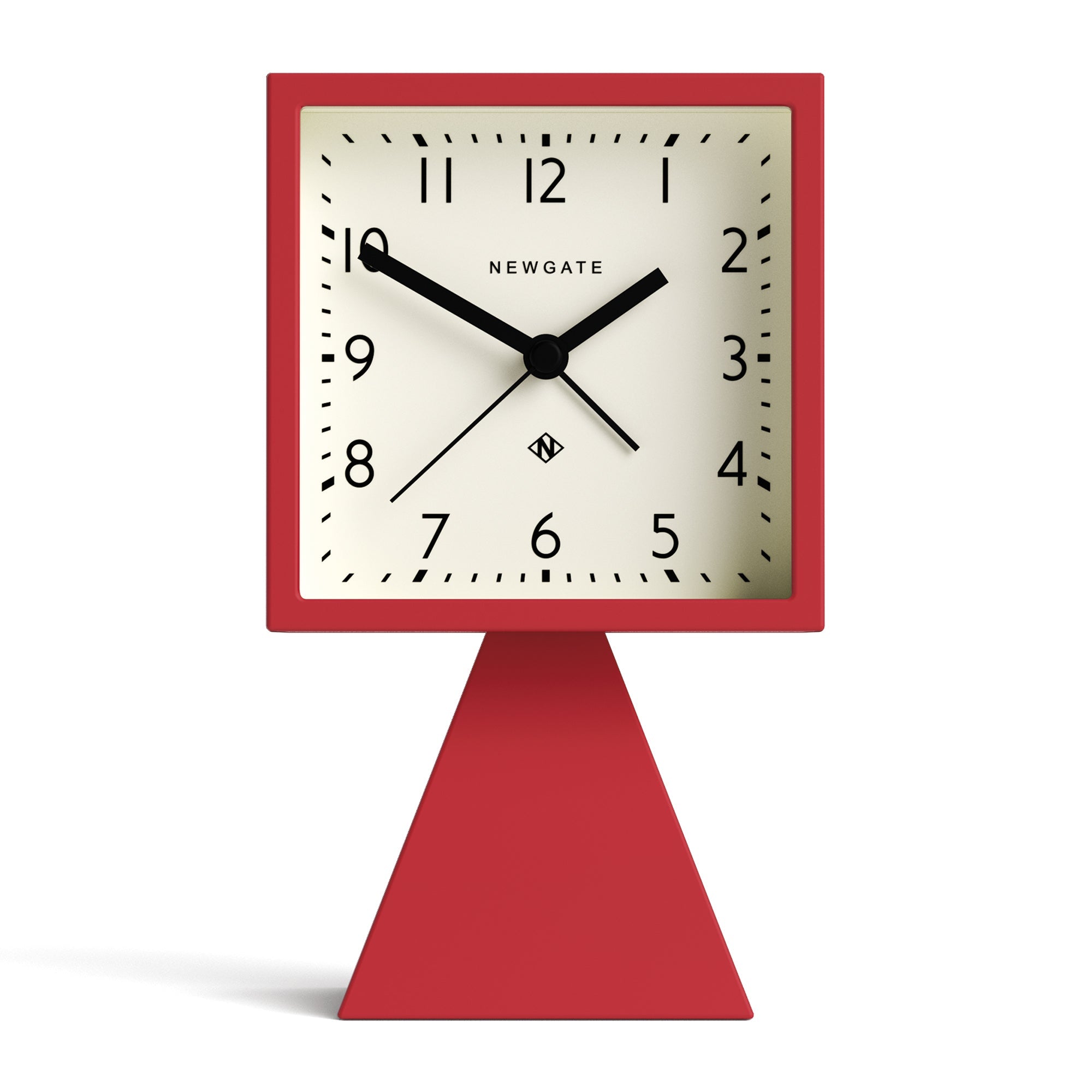 Fire engine red alarm clock with Newgate dial, black hands and hour markers.