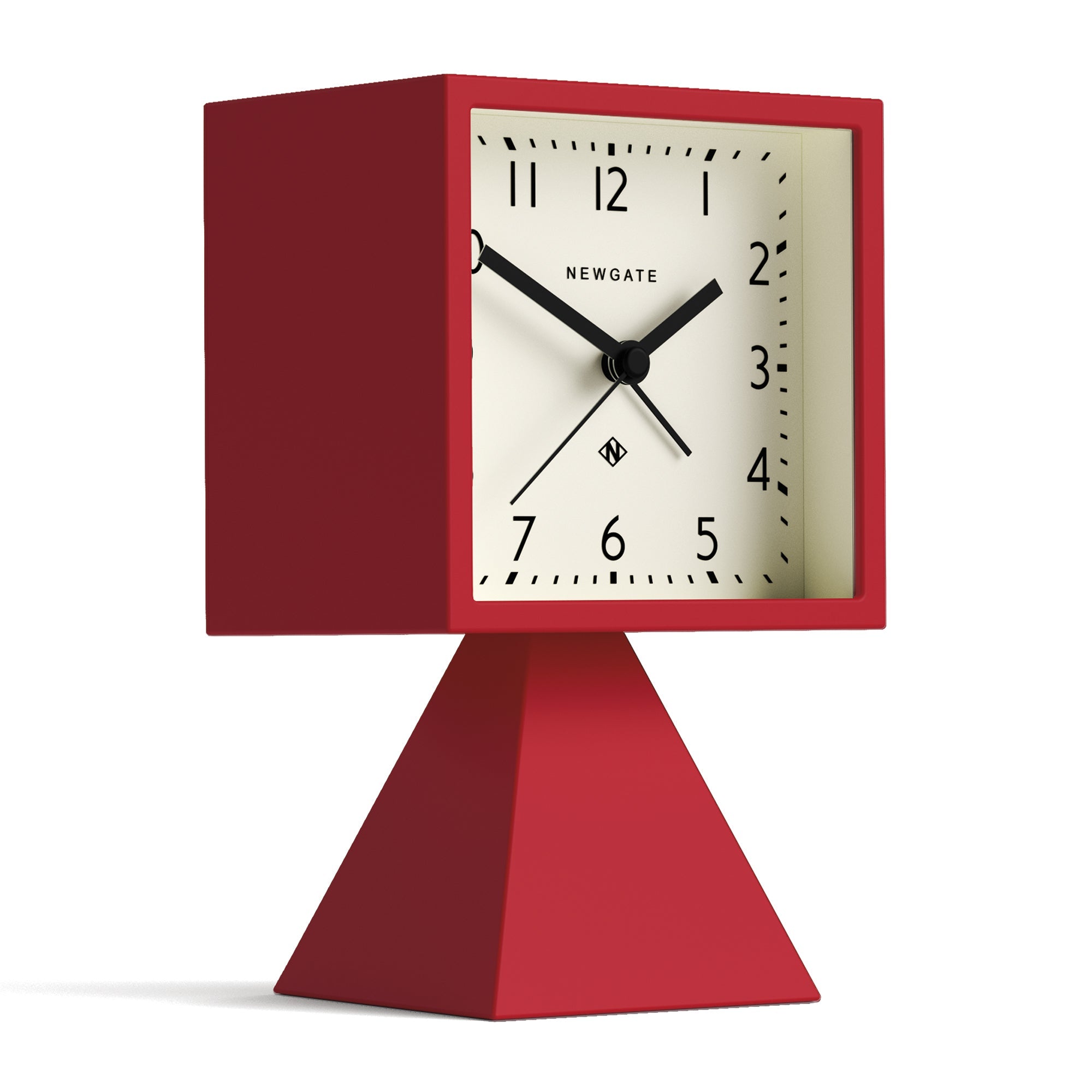 Fire engine red alarm clock on slanted base, Newgate dial with black hands.