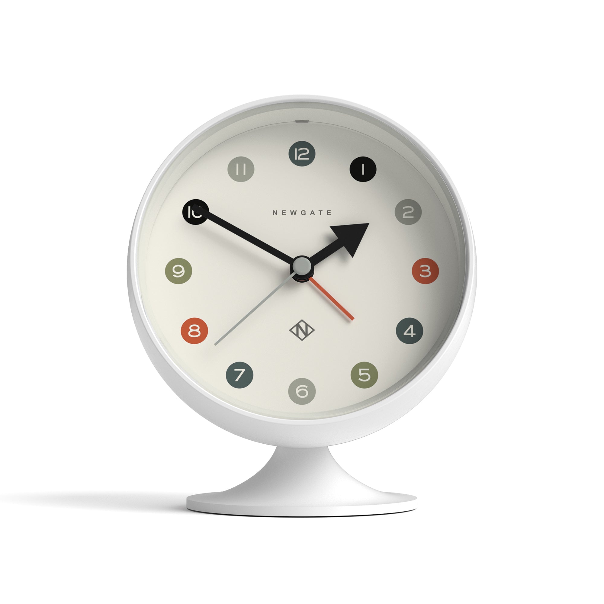 Newgate Spheric alarm clock with white round case, black hands, red second hand, dial numbers