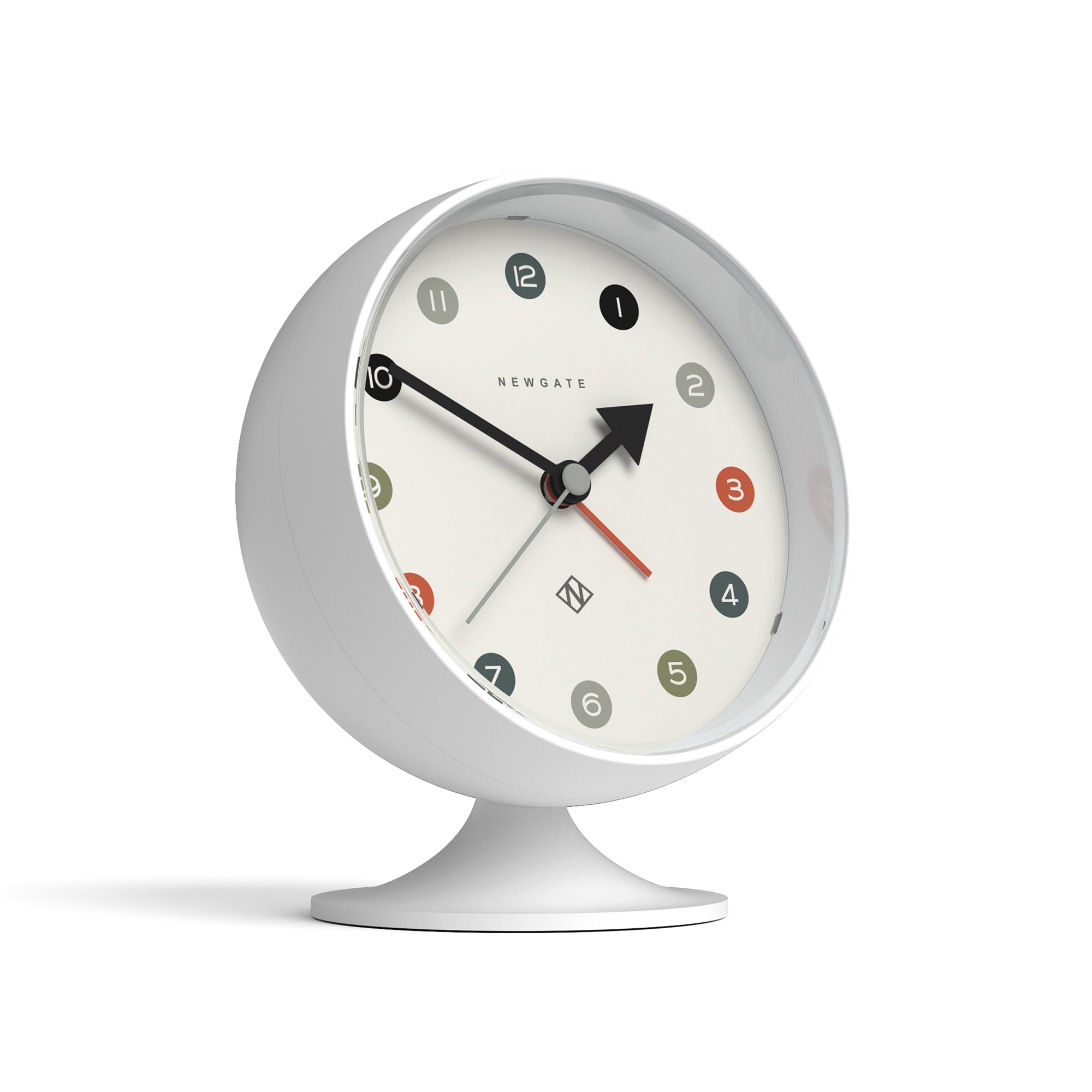 Newgate Spheric alarm clock with white spherical case, stand, black hands and red second hand