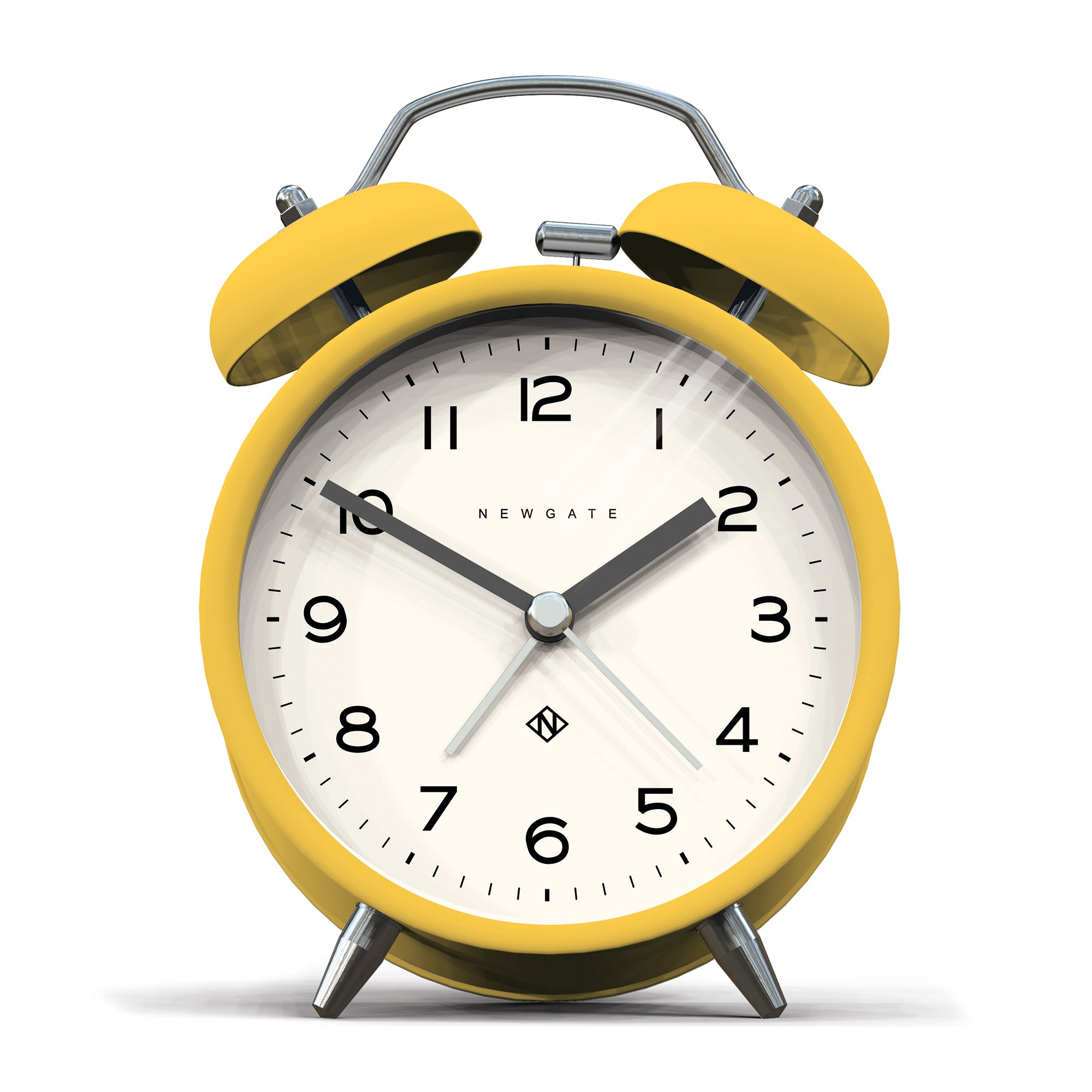 Yellow twin bell alarm clock with white dial, silver feet, and curved handle.