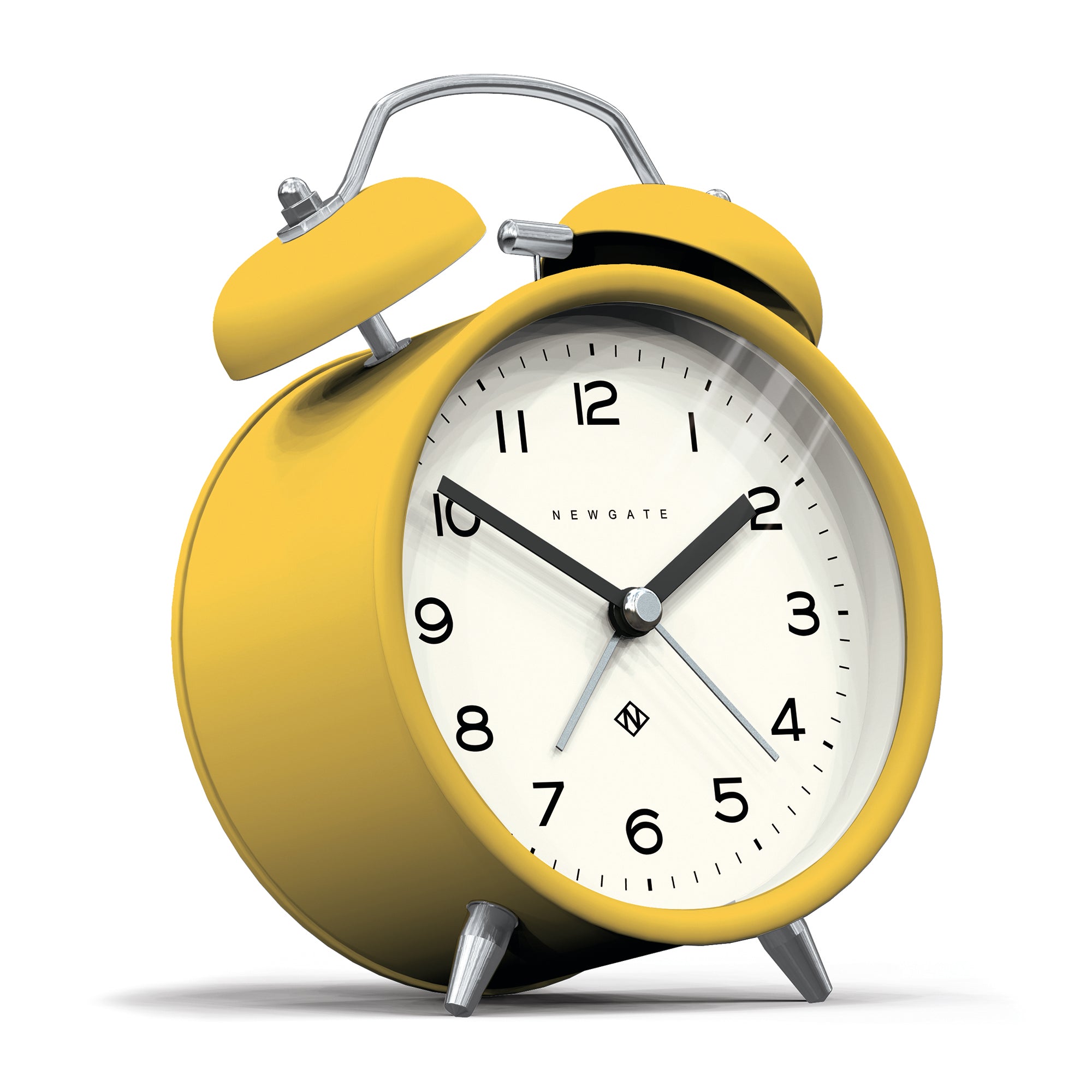 Yellow twin bell alarm clock with white dial and silver metal legs.