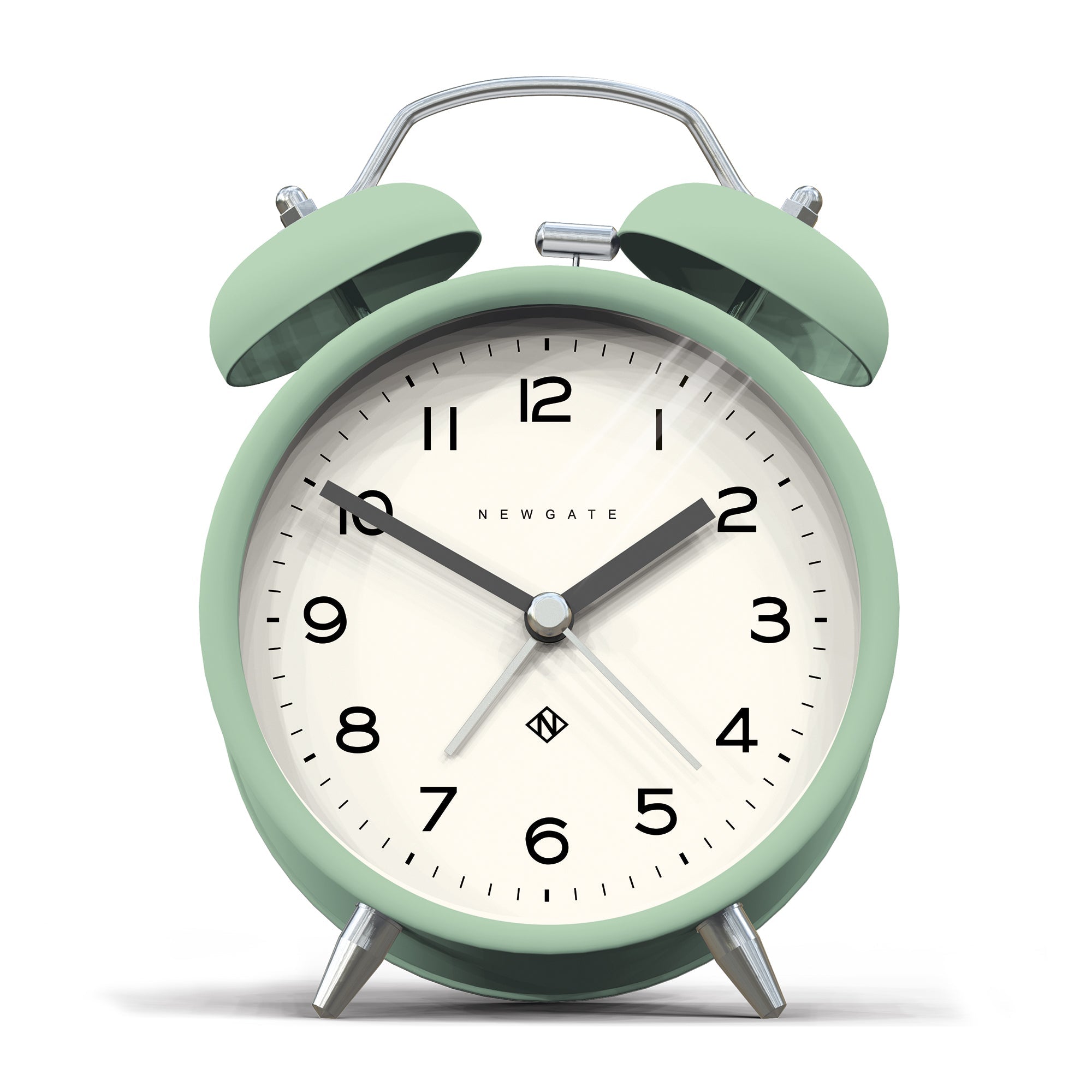Mint green twin-bell alarm clock with black hands and cream dial