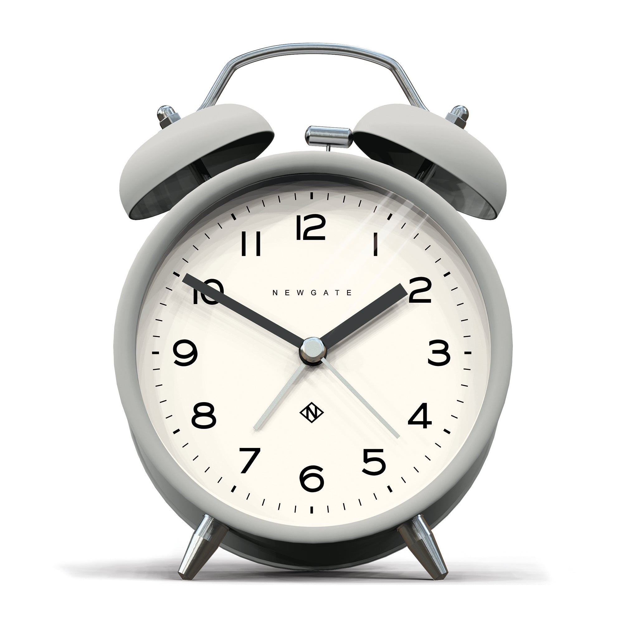 Matte grey twin-bell analog alarm clock with white dial and black hands