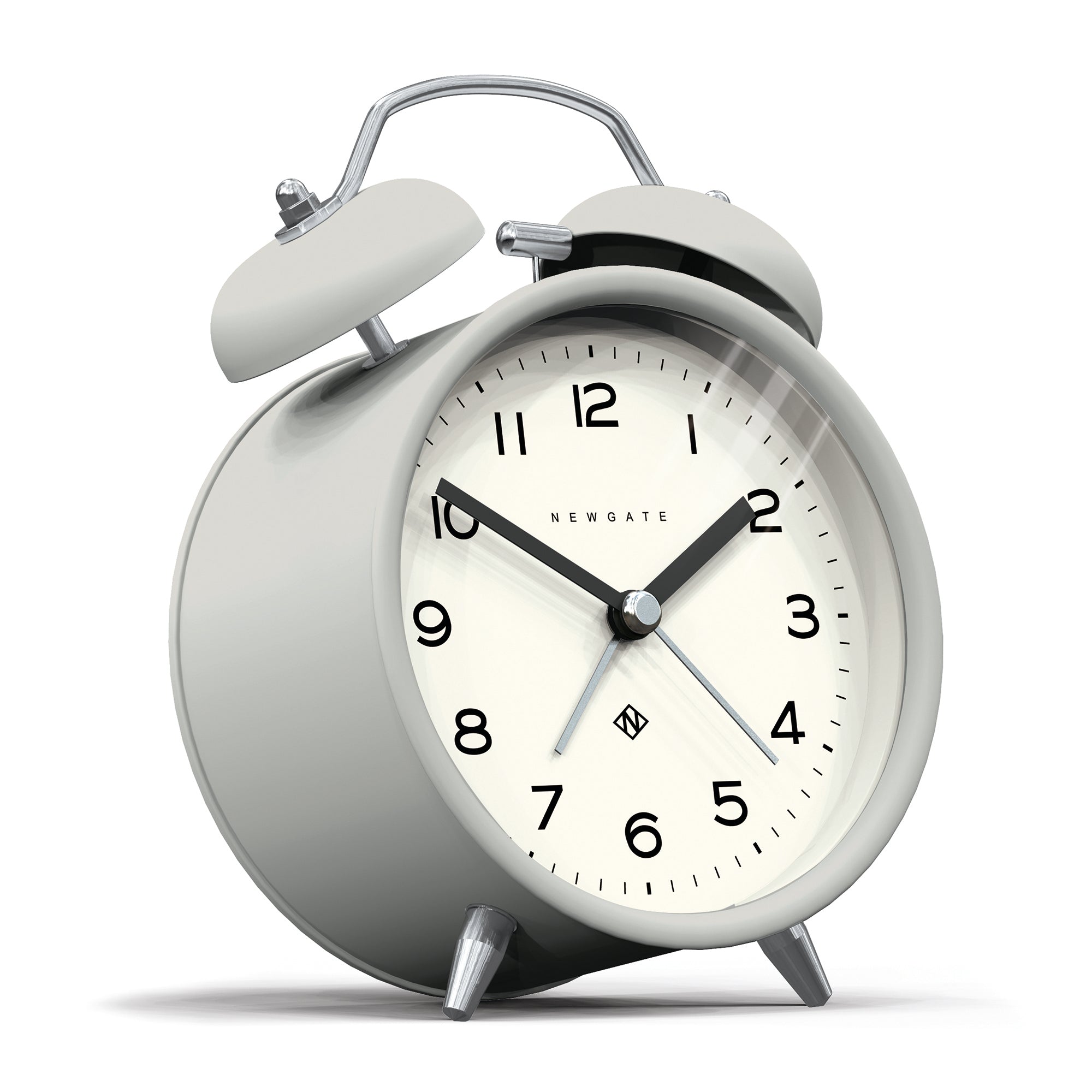 Matte grey twin-bell analog alarm clock, angled view, white dial and black hands