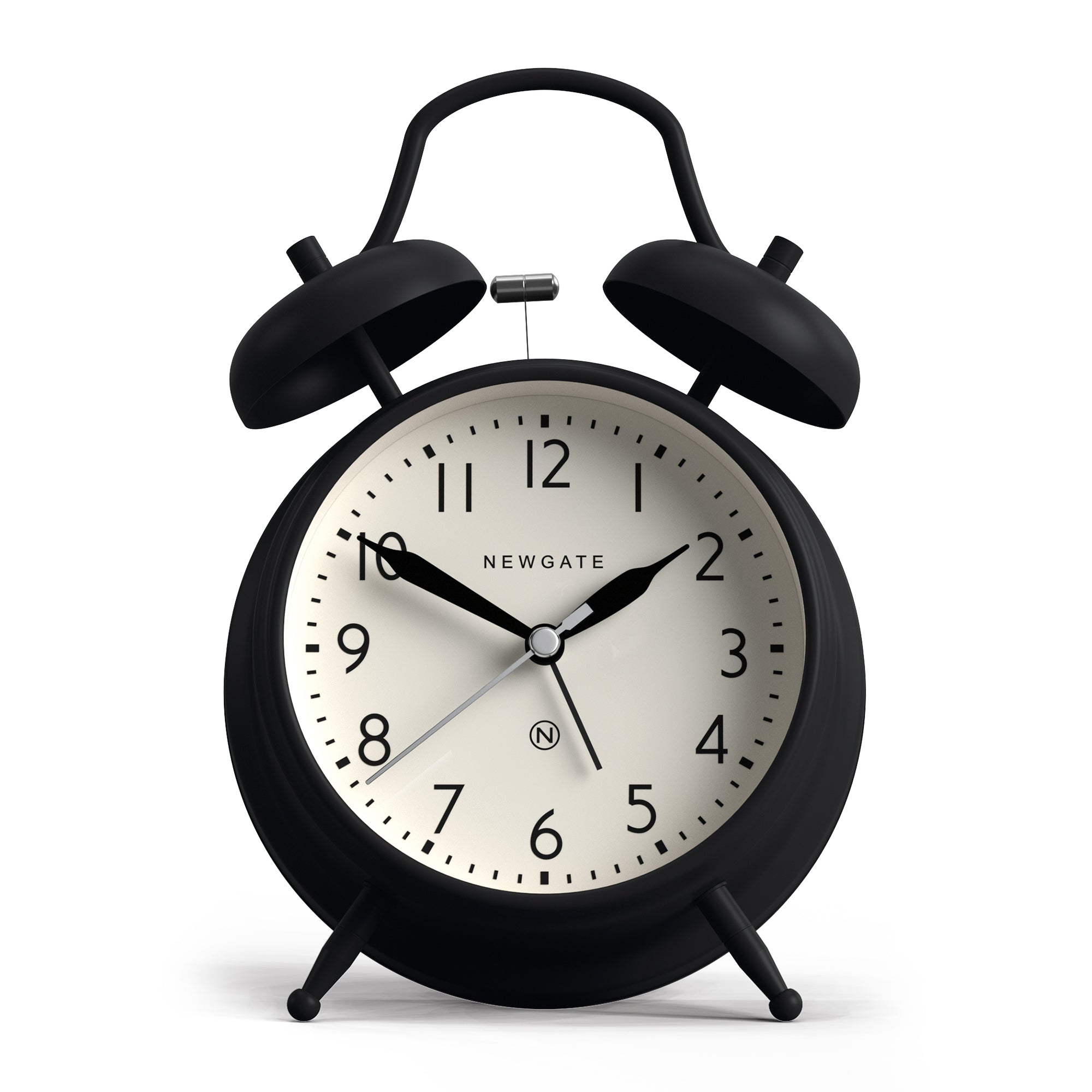 Matte black twin bell alarm clock with white dial, black hour markers, and hands