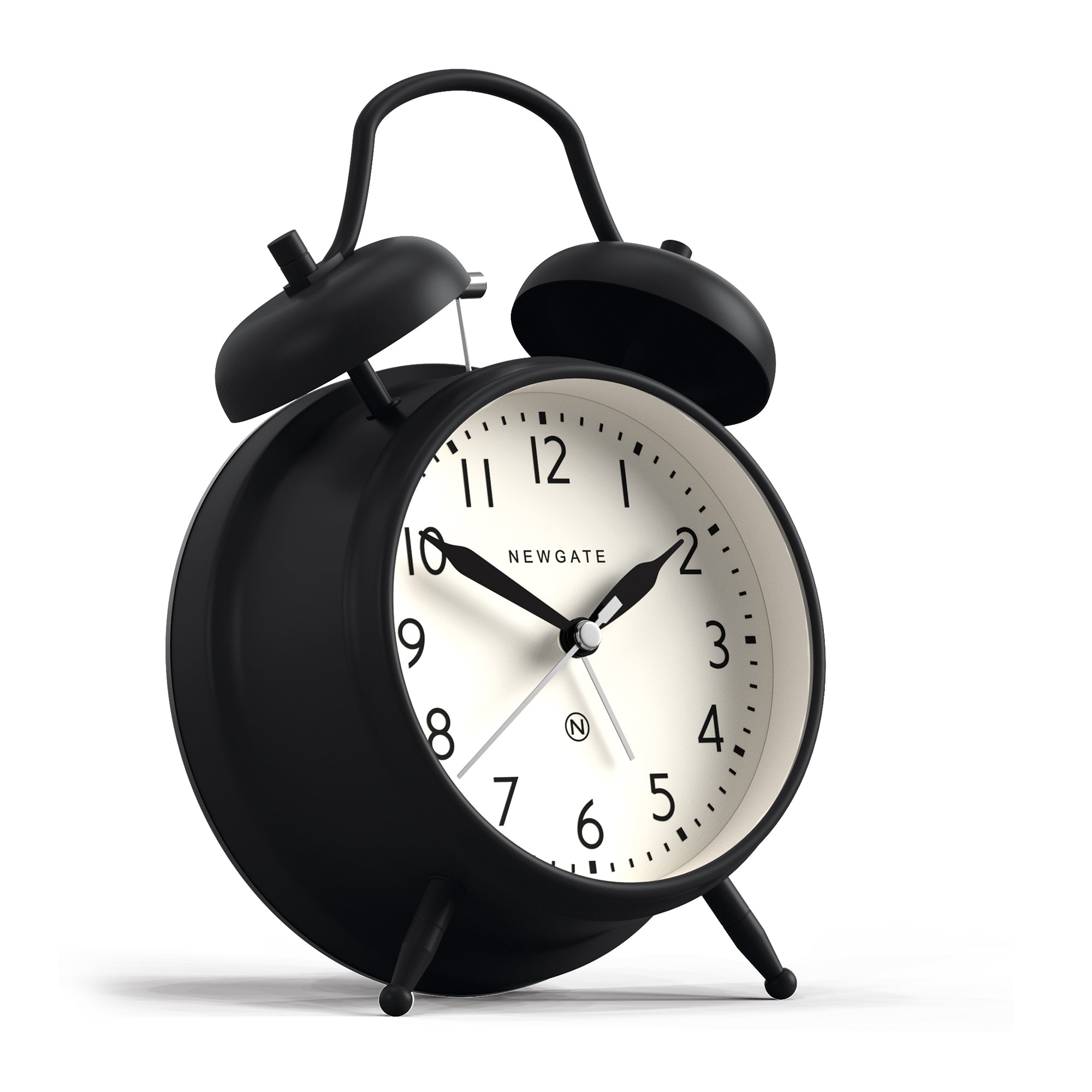Matte black twin bell alarm clock with arched handle, white face, and black dial hands