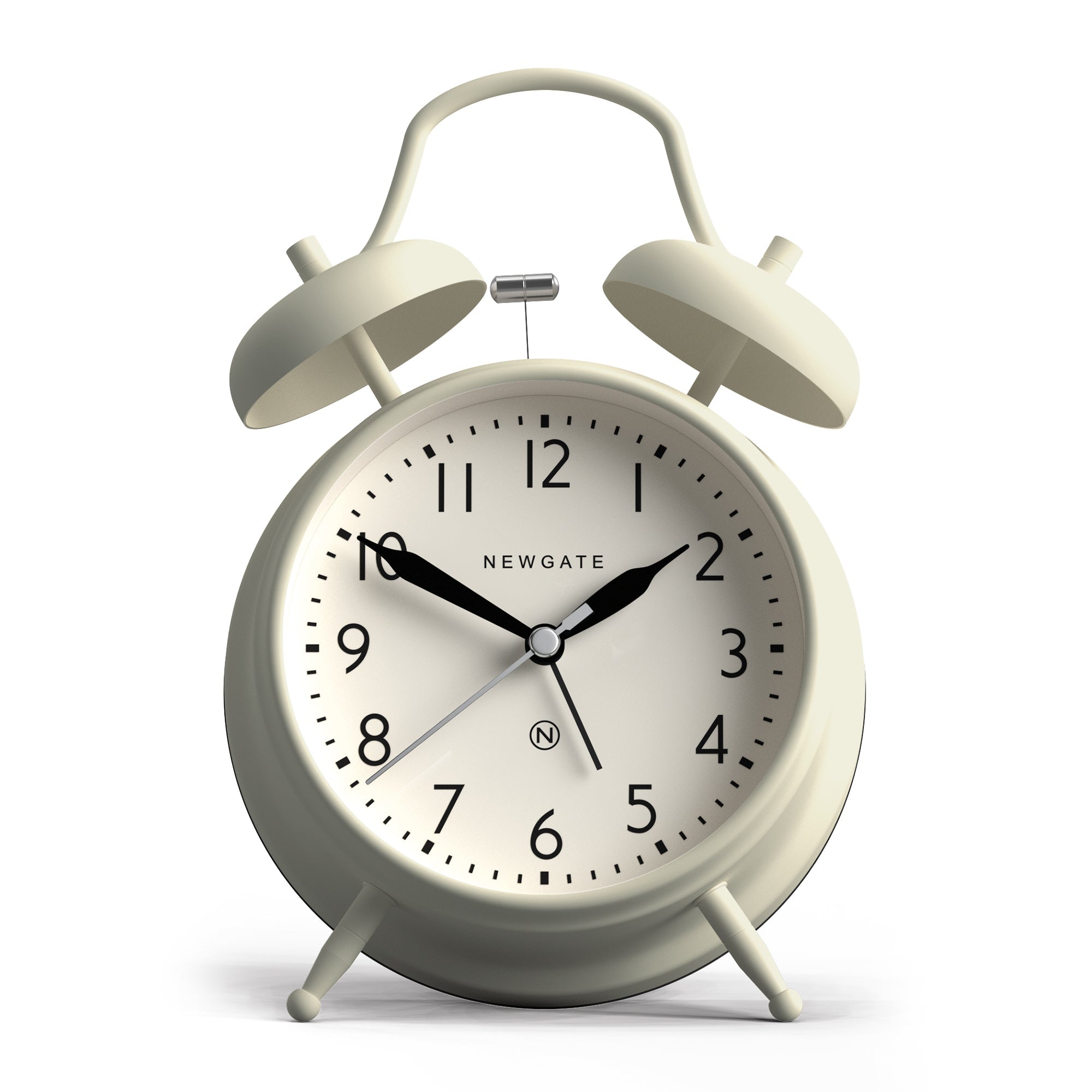 Linen white twin-bell alarm clock with round dial and Newgate logo.