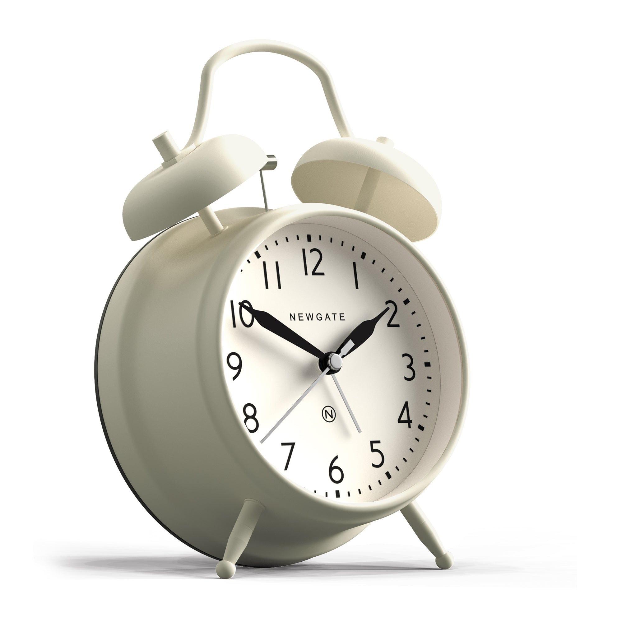 Linen white twin-bell alarm clock with numbered dial and Newgate logo.