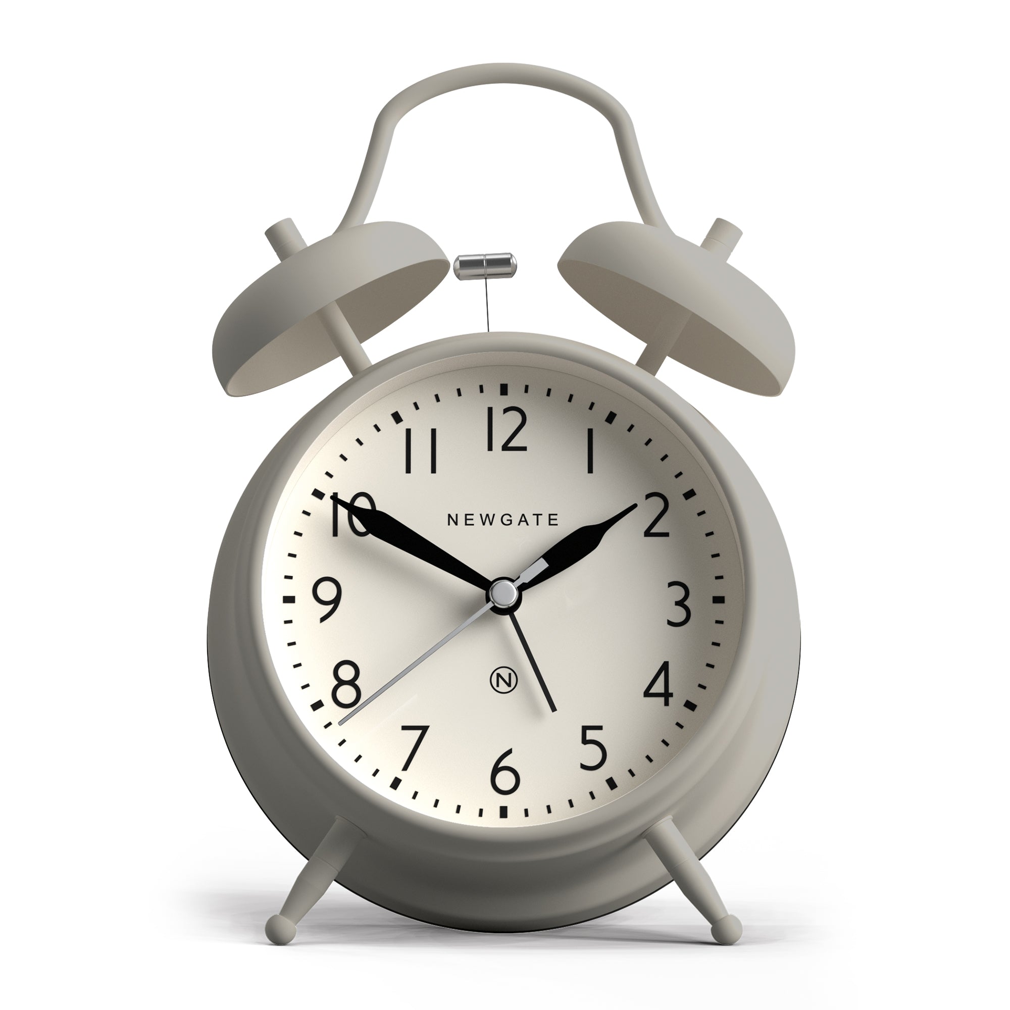 Grey twin-bell alarm clock with round face, black hands, and twin feet