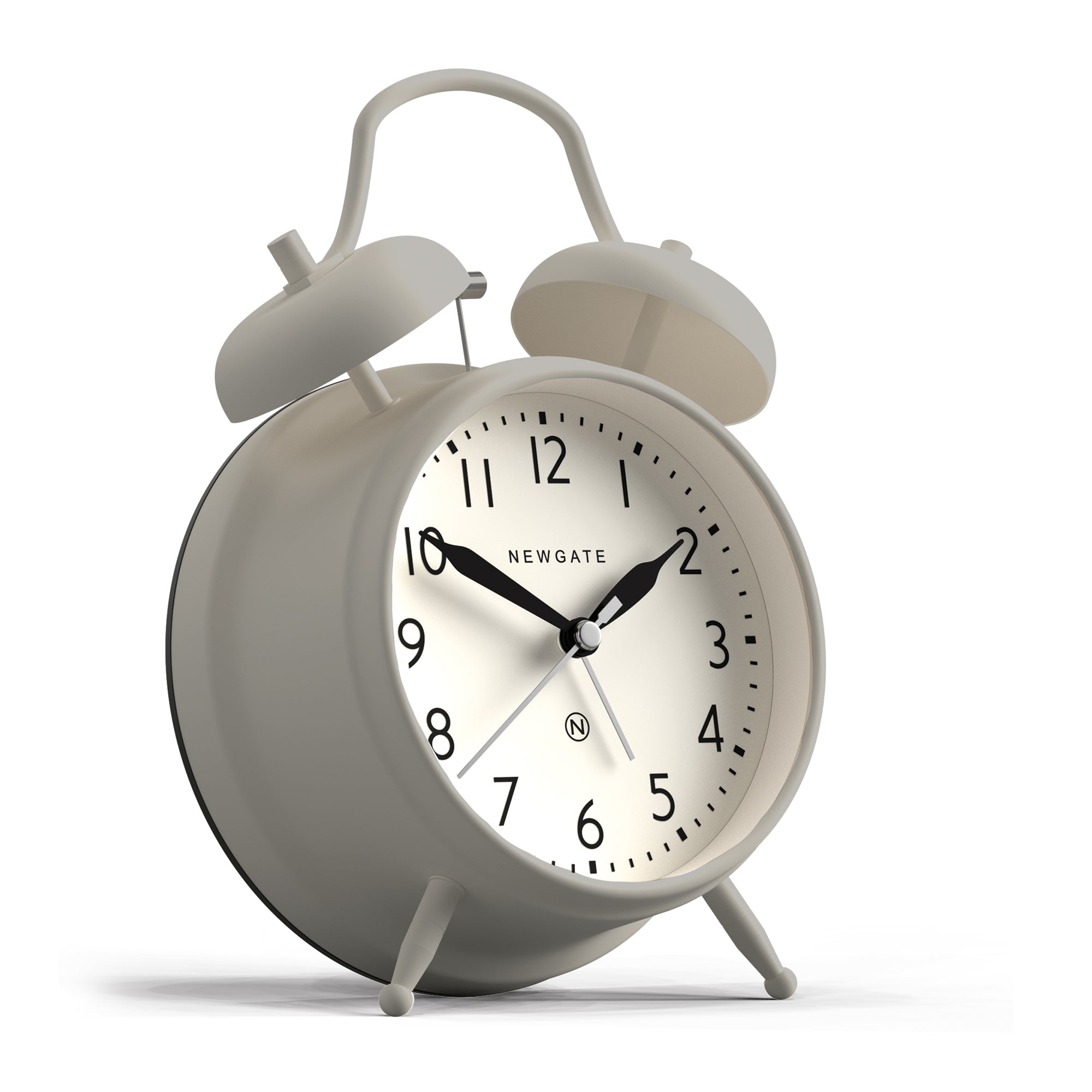 Grey twin-bell alarm clock with round dial and black hour/minute hands