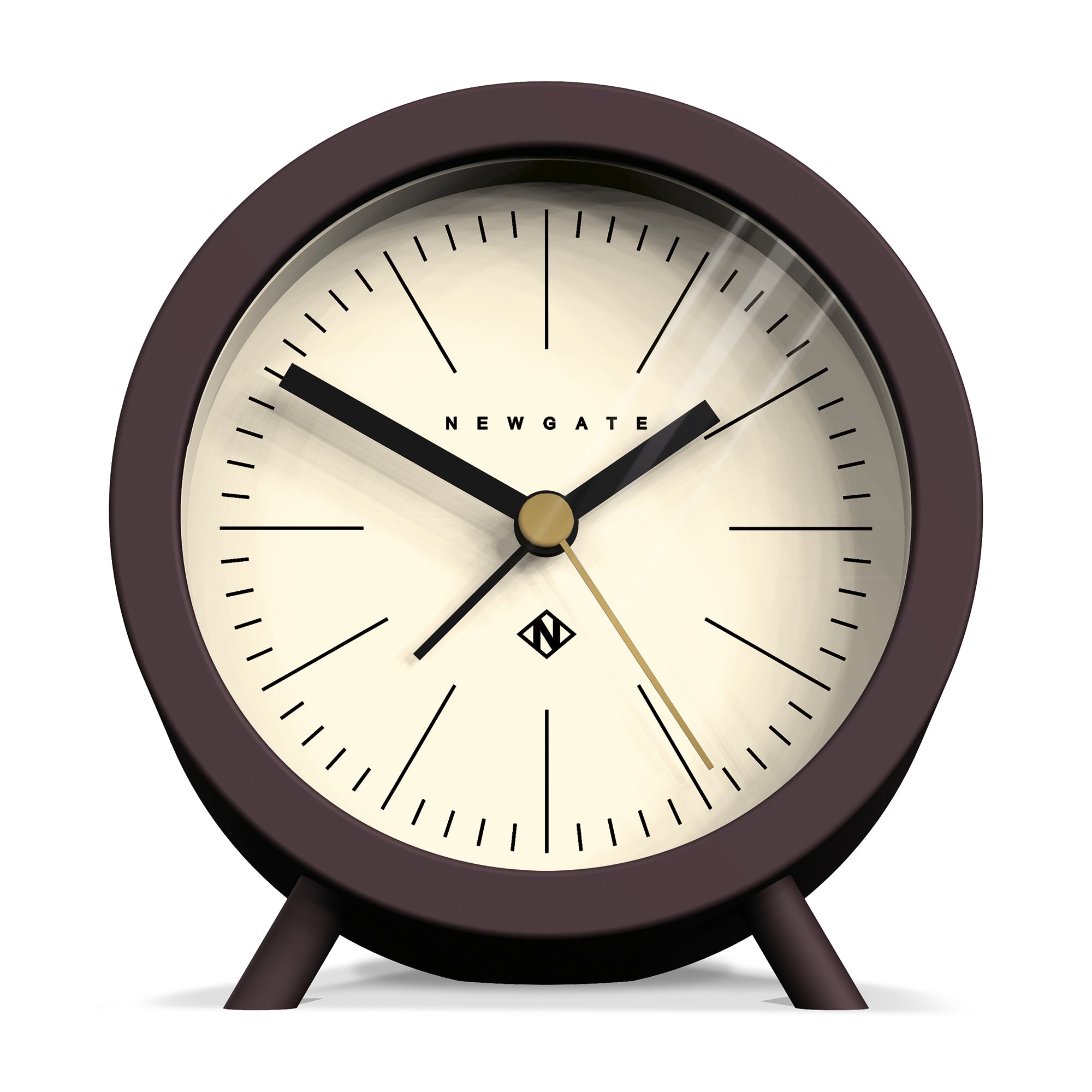 Chocolate black alarm clock with cream dial and black hands, standing on twin legs