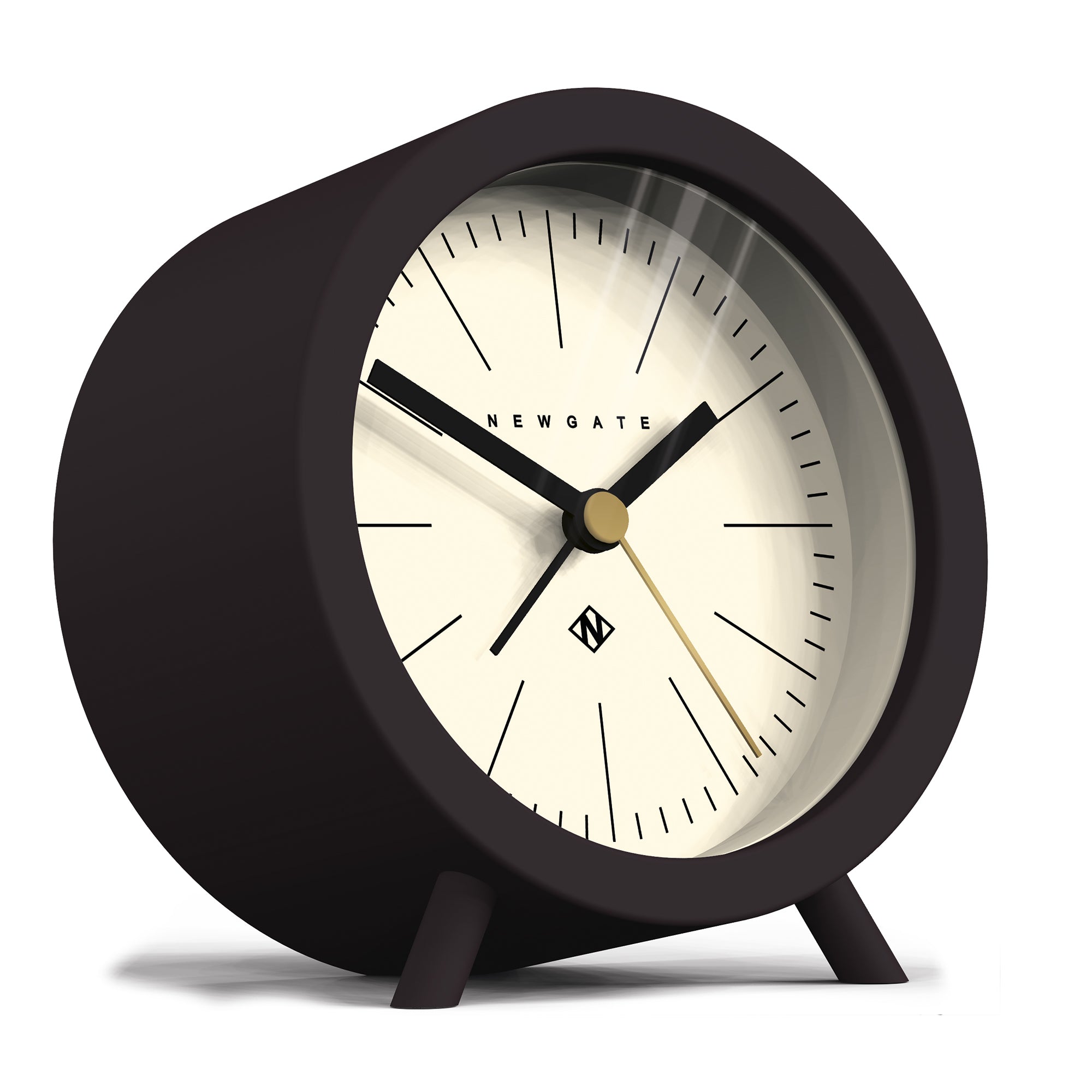 Chocolate black alarm clock with cream dial, gold center knob, and black minute hand
