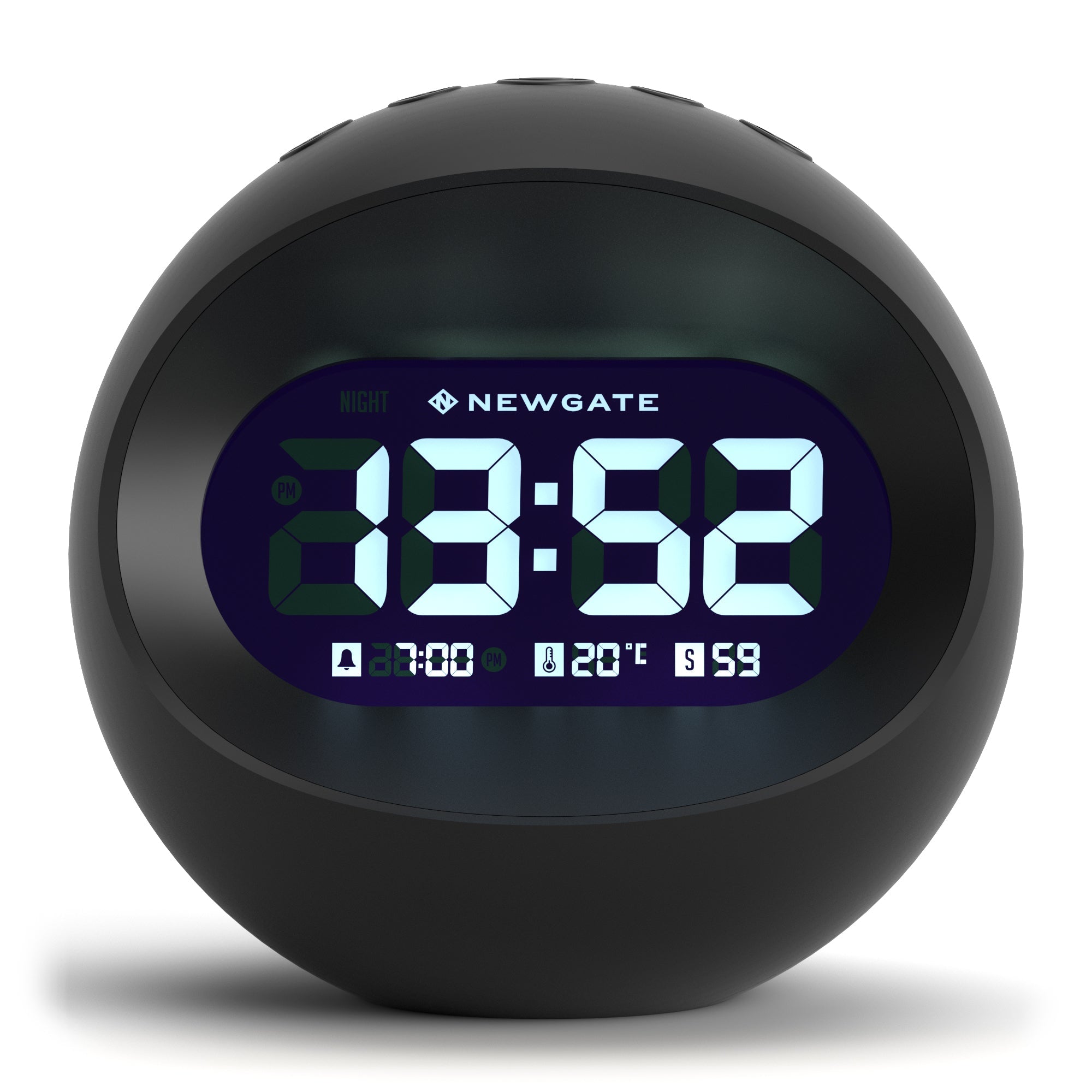Black spherical LCD alarm clock with blue digital time display