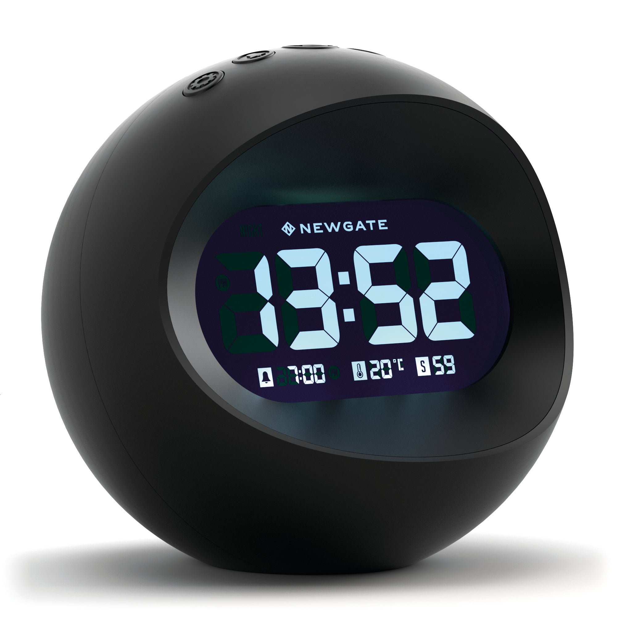 Black spherical LCD alarm clock showing 13:58 on blue backlit screen