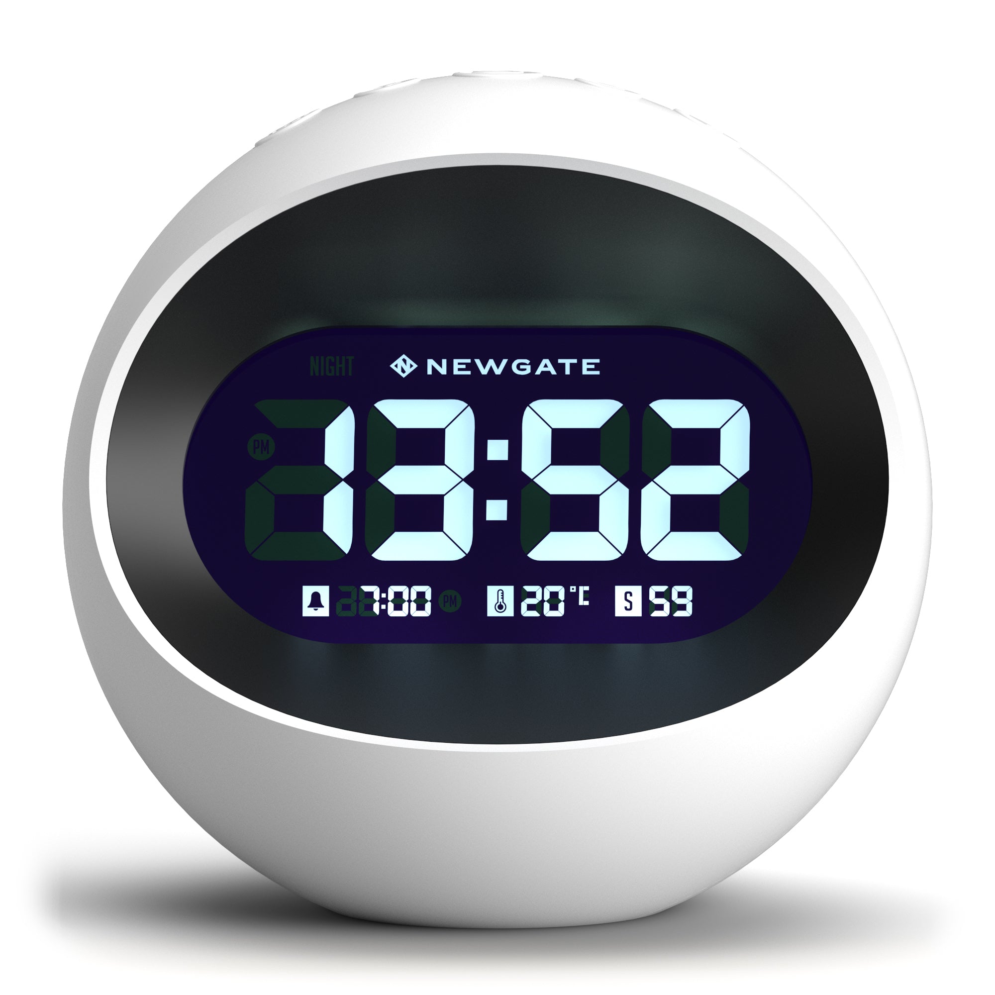 White round LCD alarm clock with purple backlit time display and icons