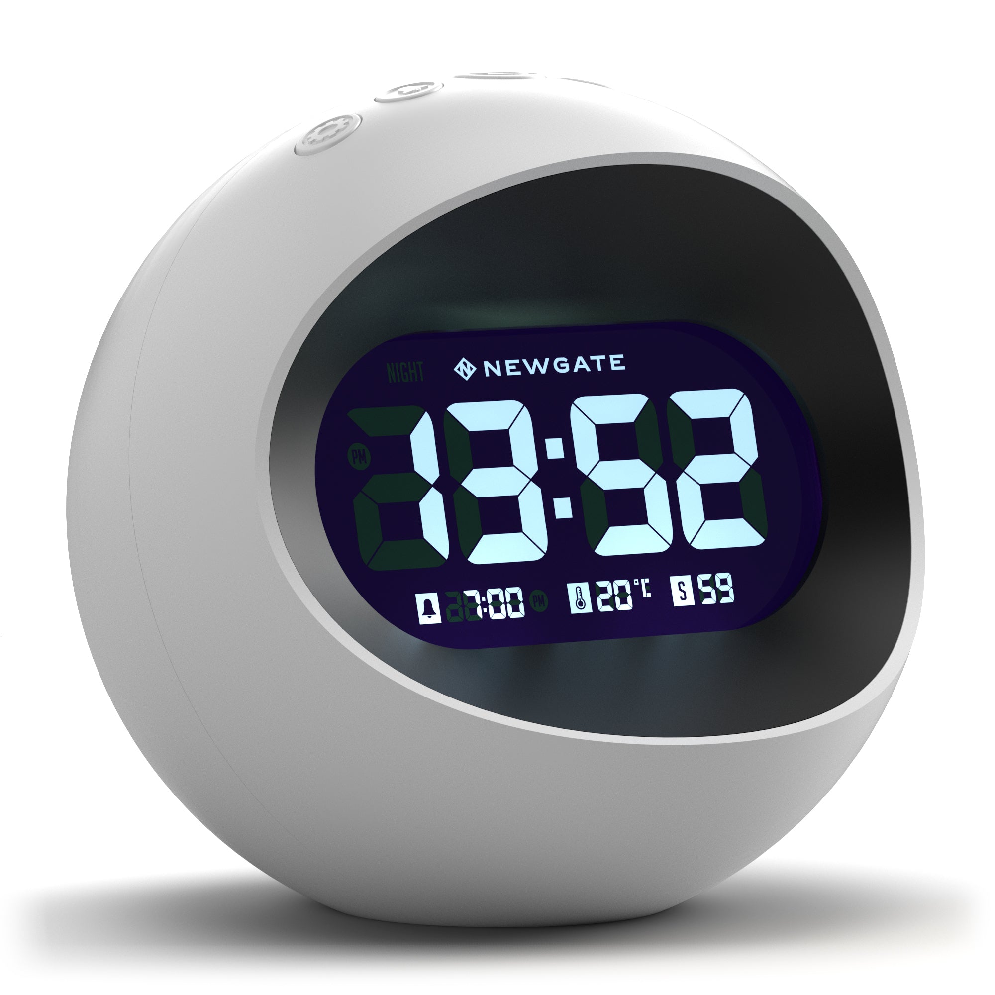 White round LCD alarm clock with purple backlit digits showing time and date icons