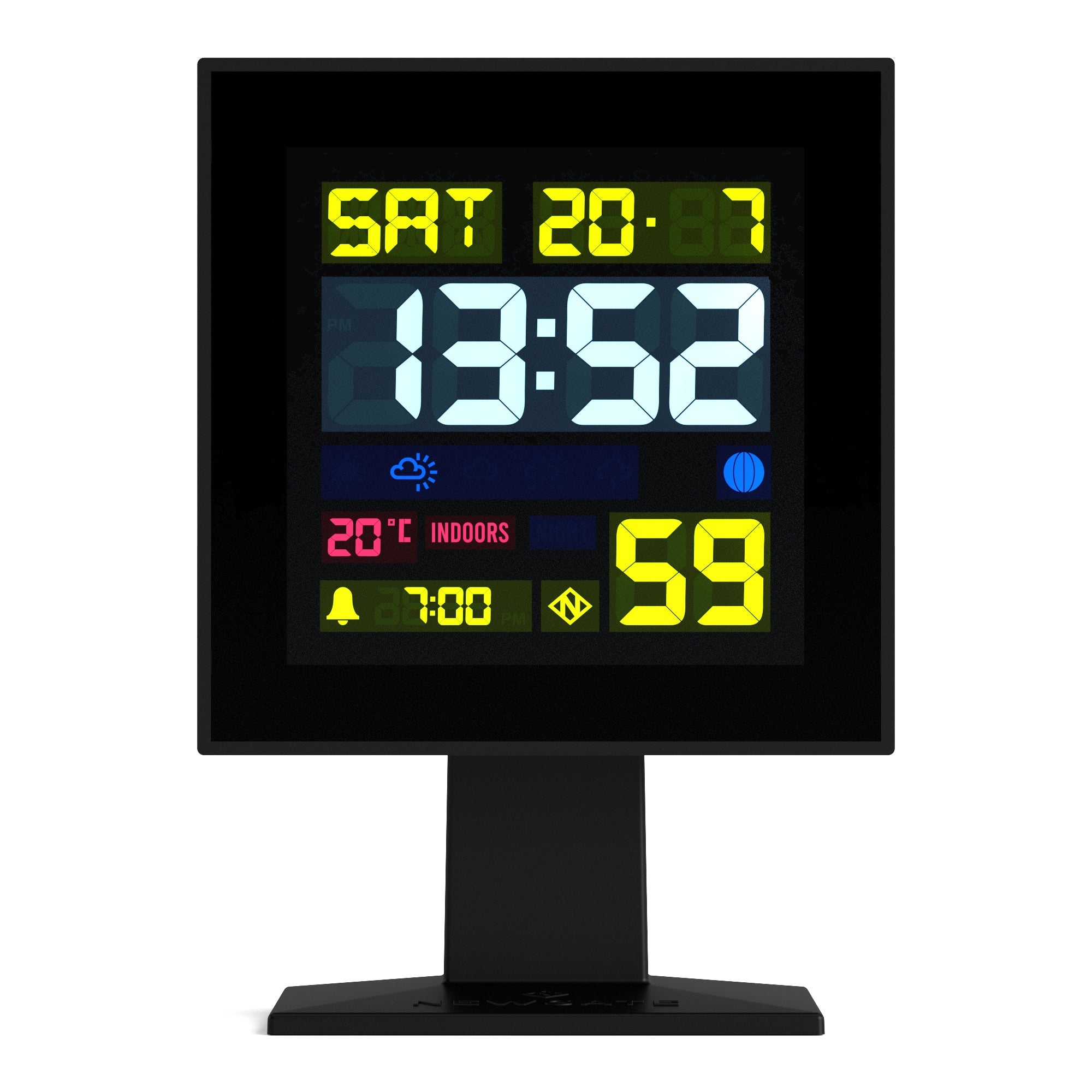 Black LCD alarm clock with bright yellow date and time digits